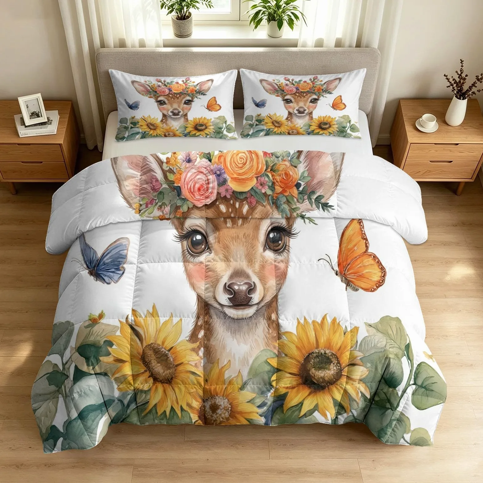Piumino Animale Giraffa Girasole Stampato 2 Persone Reversibile 200 x 200 cm, morbido piumino 4 stagioni senza copripiumino, anallergico lavabile Cartoon floreale modello per bambini adolescenti