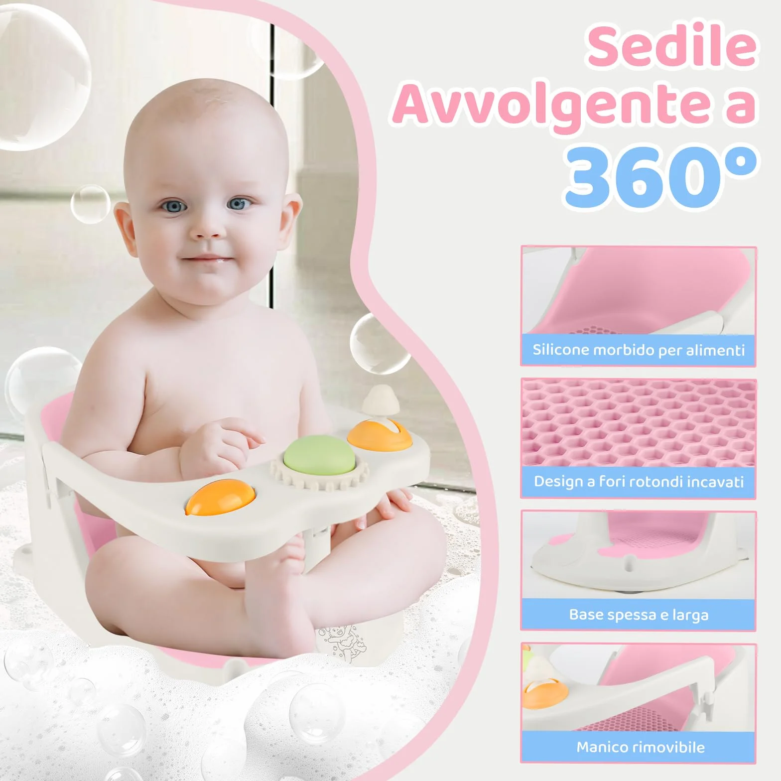 Aragallant Seggiolino da Bagno per Bambini 6 mesi+, Seggiolino Antiscivolo per Vasca da Bagno, Sedia da Bagno con Giocattoli, Seggiolino per Doccia Bambini con Ventose (Rosa)