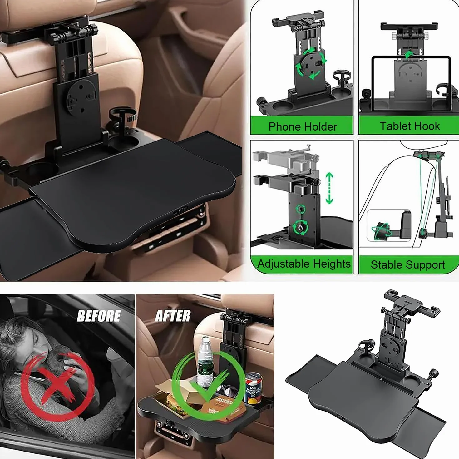 Tavolino per Auto，Vassoio del Sedile Posteriore Automobile con Portabicchieri e Supporto,Tavolino Regolabile per Cellulare Portata 15-20 kg，per Lavorare, Scrivere，Cibo