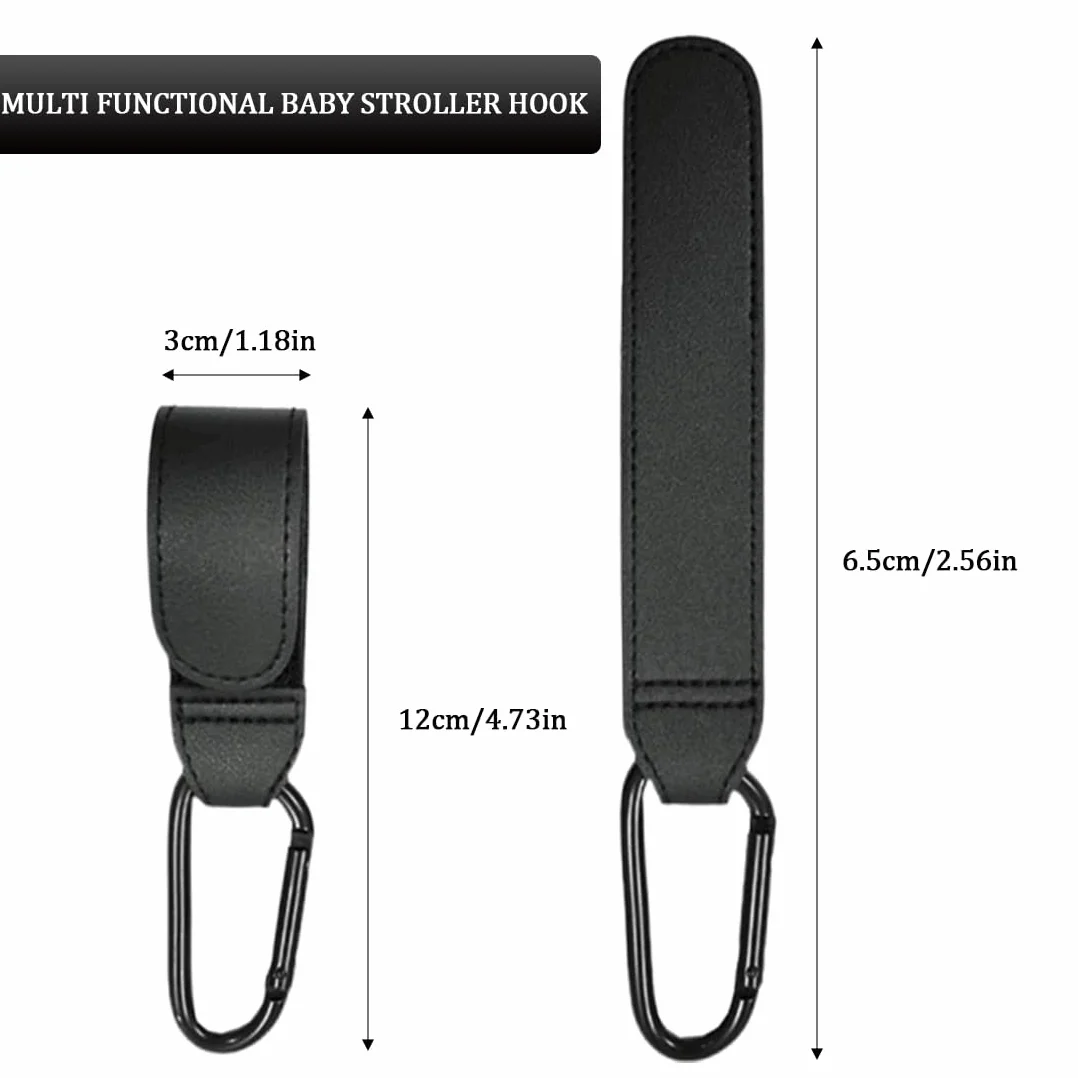 2 Ganci in Pelle Nero, Gancio per Passeggino in Pelle per Pannolini, Accessori Universali per Passeggino, per Borse della Spesa, Zaini e Borse a Mano (Nero)