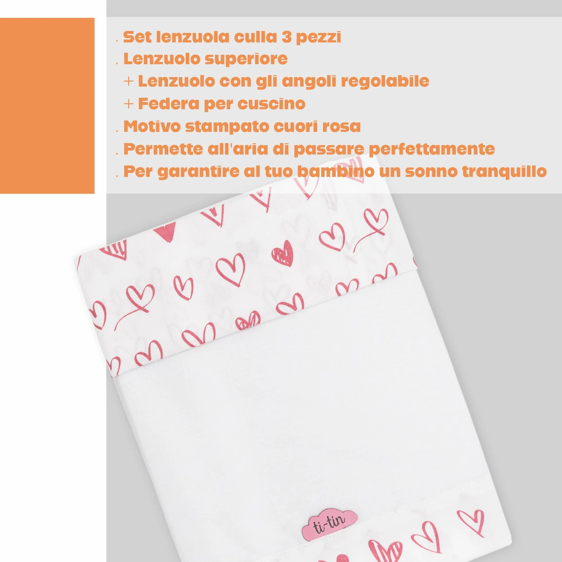 Ti TIN | Set Per Culla con Lenzuolo con Angoli, Lenzuolo, Federa, 100% Cotone | Set di 2 Lenzuola e 1 Federa | 60x120 cm
