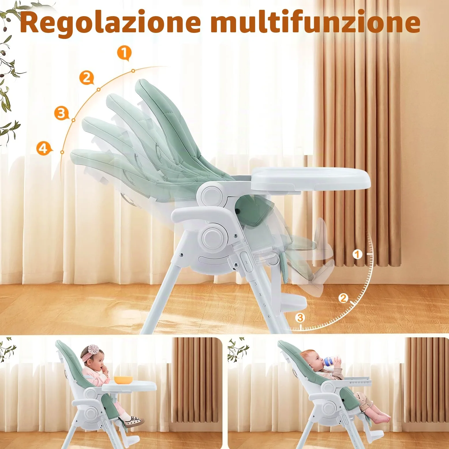 Ezebaby Seggiolone Bambini Ergonomico, Confortevole, Reclinabile, Pieghevole, con Altezza Regolabile e Poggiapiedi, Vassoio Staccabile con Ruote e Cintura di Sicurezza a 5 Punti Verde | 7 altezze, schienale reclinabile, doppio vassoio, cintura a 5 punti,