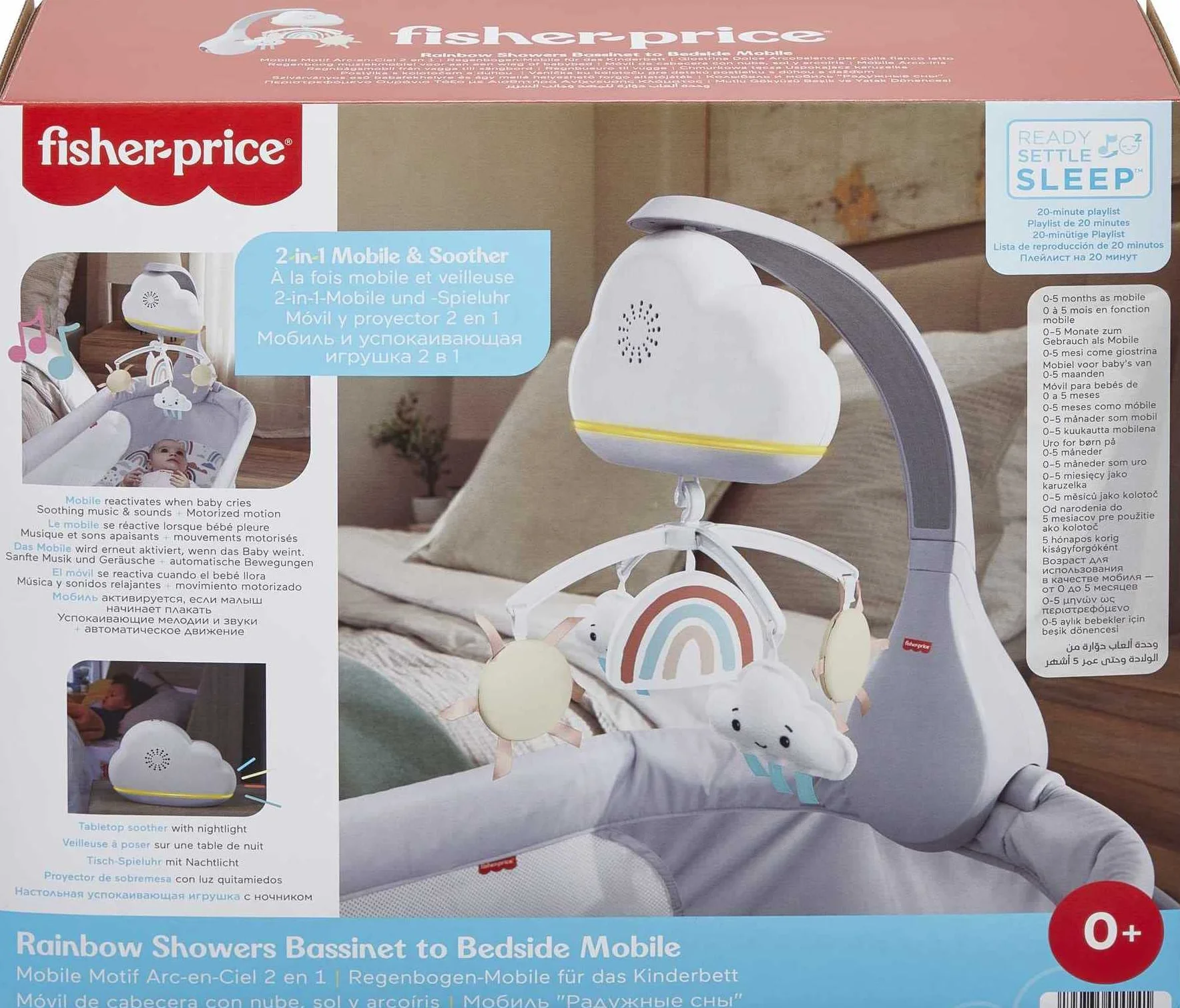 Fisher-Price-Giostrina Dolce Arcobaleno per Culla Fianco Letto, Unità Rilassante da Appoggio e Unità Sonora da Culla, Compatibile con le Culle, Giocattolo per Bambini 0+ Mesi, HBP40