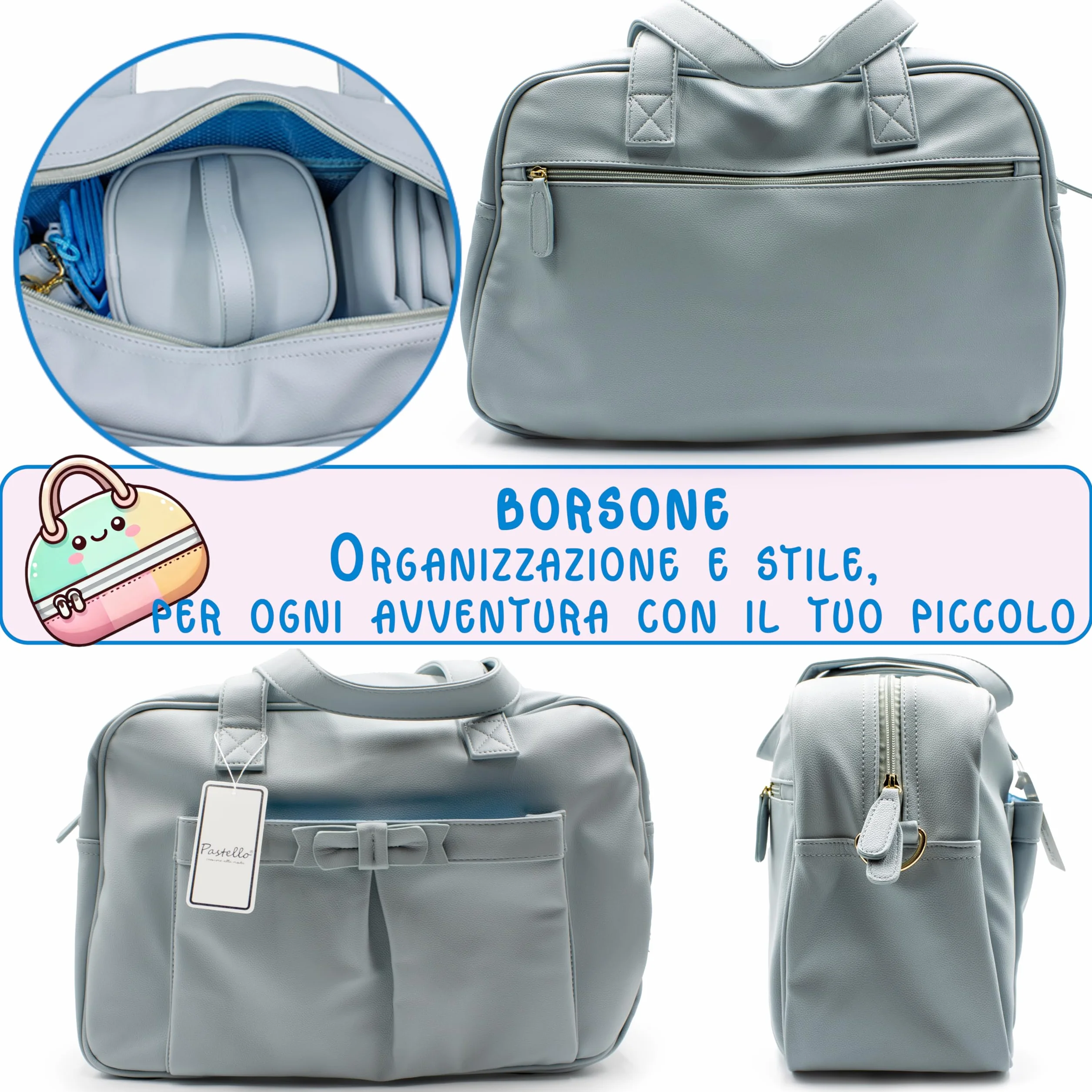 PASTELLO - Set Borsa Nascita Multifunzione con Accessori Inclusi, Borsone Mamma per Cambio e Viaggio, Con Fasciatoio, Portabiberon Termico e Portaciuccio (Art. SETN02)