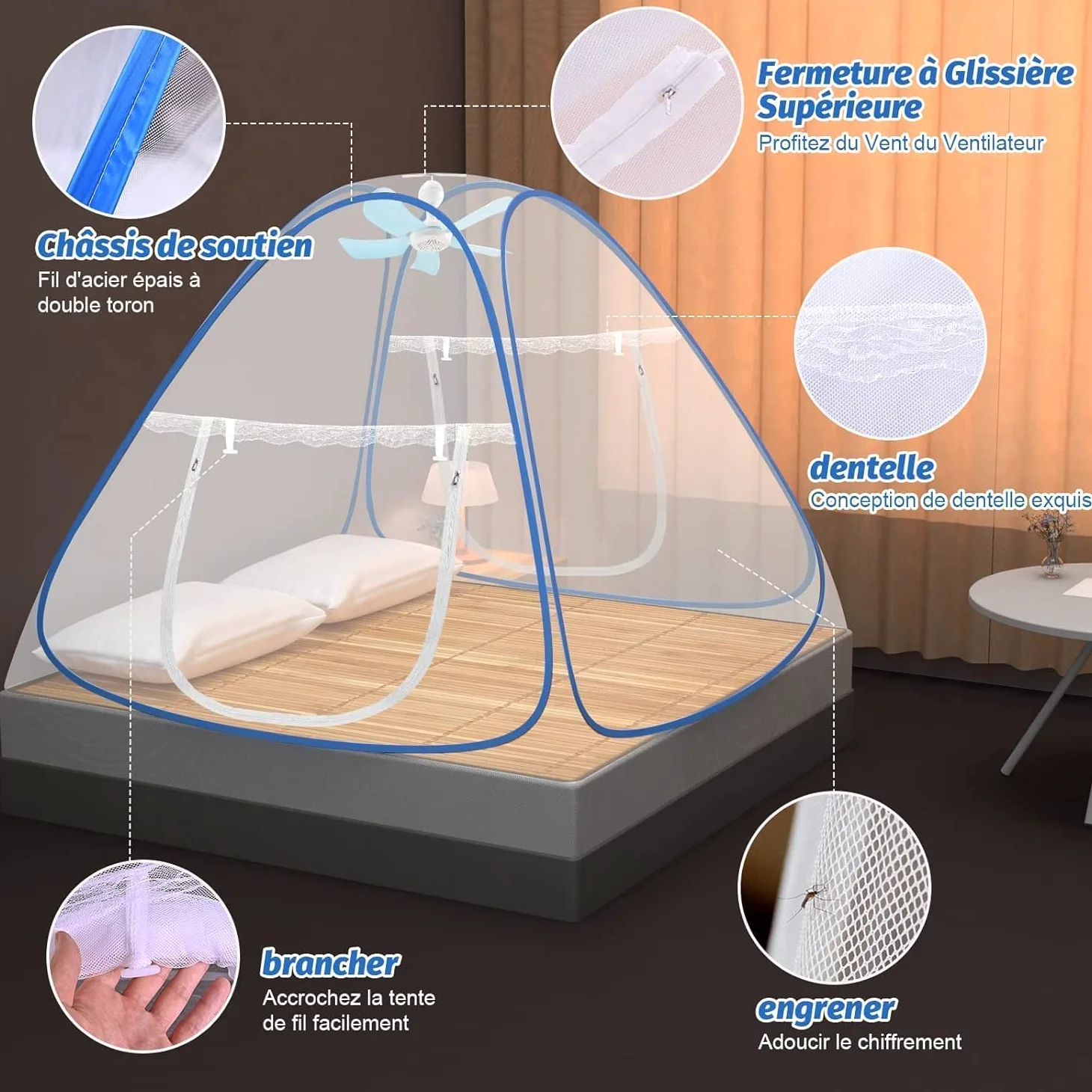 Faburo Zanzariera pieghevole, 2 m x 1,8 m x 1,5 m zanzariera a forma di cupola, chiusura a cerniera a doppia porta, campeggio, zanzariera, tenda portatile, zanzariera da viaggio, AGFAQC1202-FR-CDK03