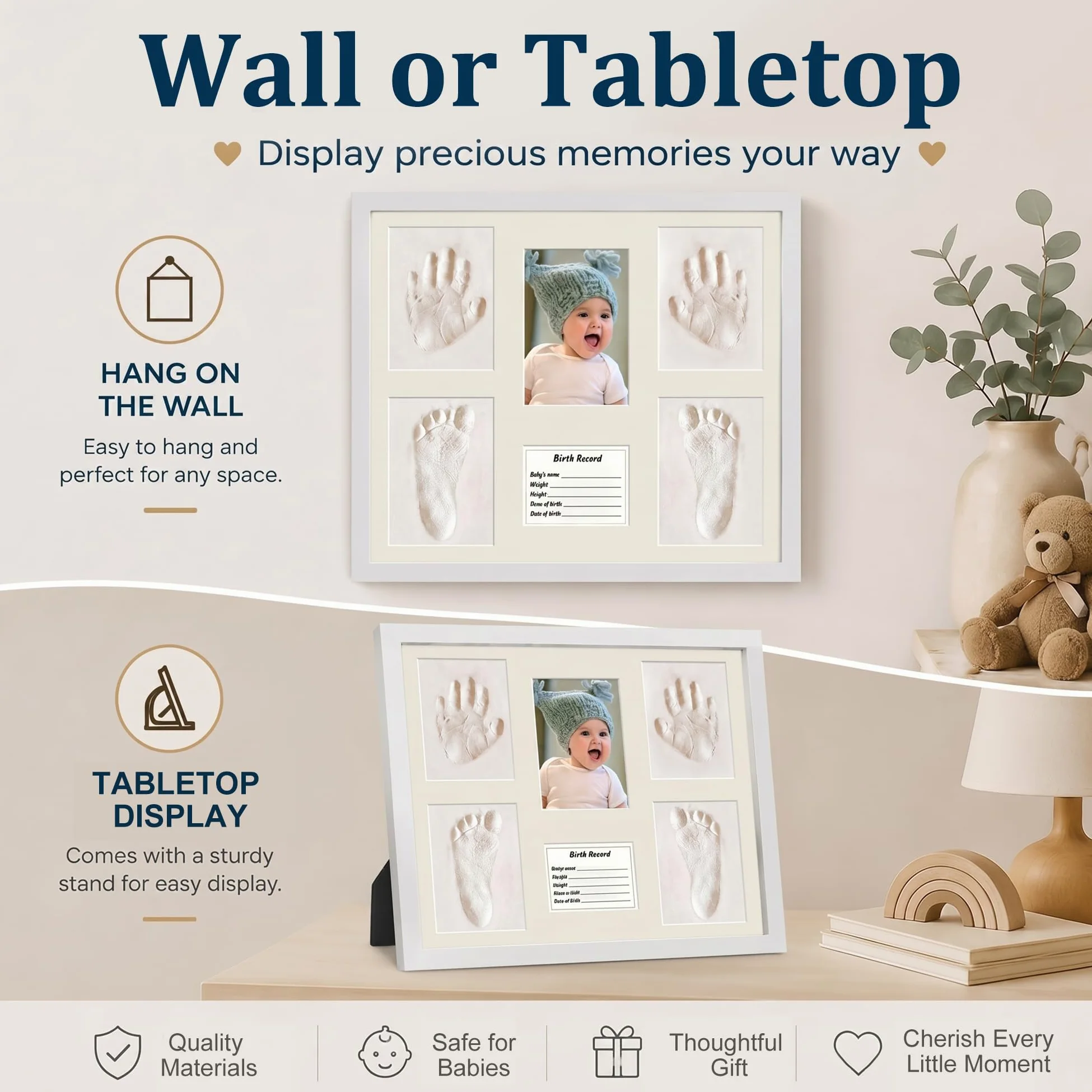 MICKYU Kit per impronte di mani e piedi del bambino | Accessori essenziali | Cornice per ricordi in legno massello, argilla asciutta all'aria aperta, regalo per neonati e baby shower