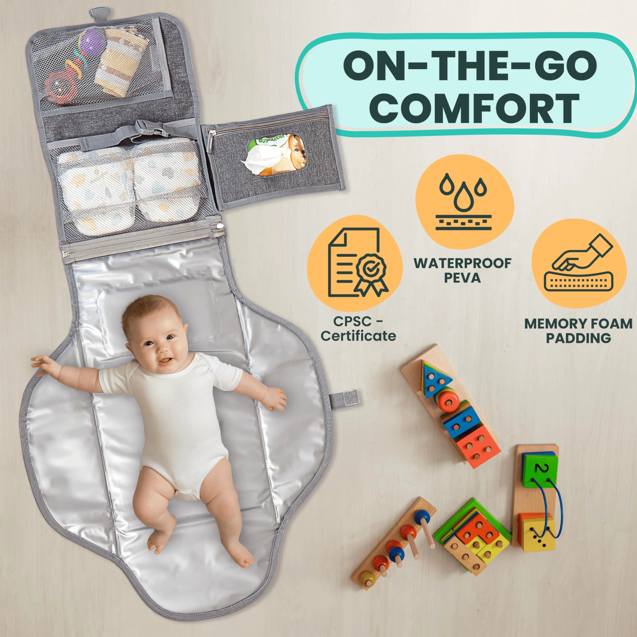 Fasciatoio portatile per bambino – Morbido e confortevole fasciatoio portatile con tasche per salviette, impermeabile e facile da pulire – Regali per baby shower, essenziali per neonati