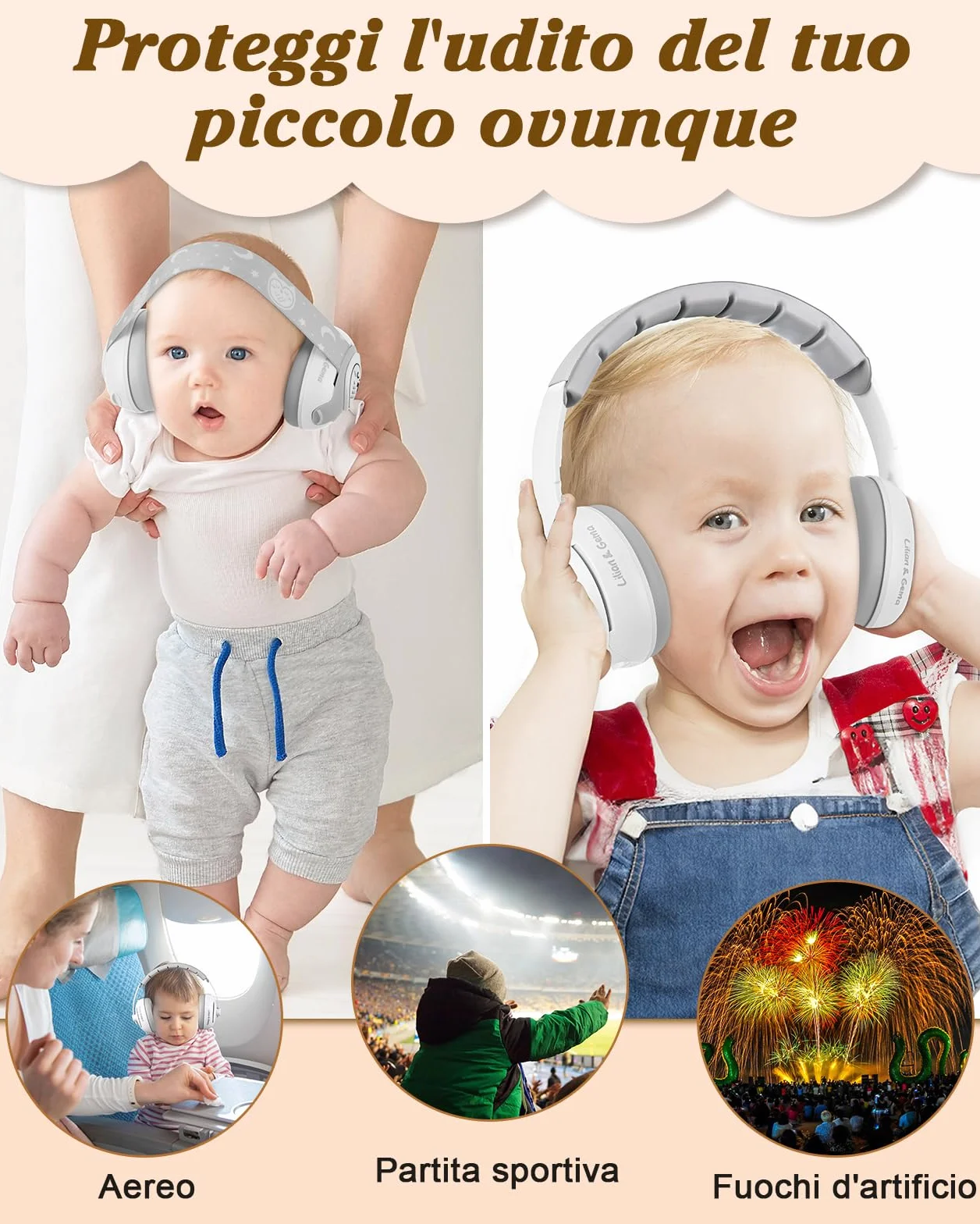 Lilian&Gema 2 in 1 Cuffie Neonato Antirumore -25dB,Protettori acustici per neonati, archetto regolabile, antiscivolo e antistress, protezione acustica ideale per neonati fino a 48 mesi