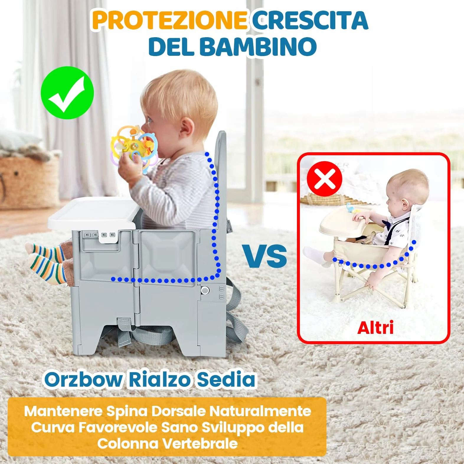 Orzbow Sedia pieghevole per bambini, stabile seggiolone da viaggio con vassoio rimovibile, materiale ABS e struttura stabile, sedia da campeggio portatile per bambini da 6 mesi a 3 anni, 15 kg, grigio
