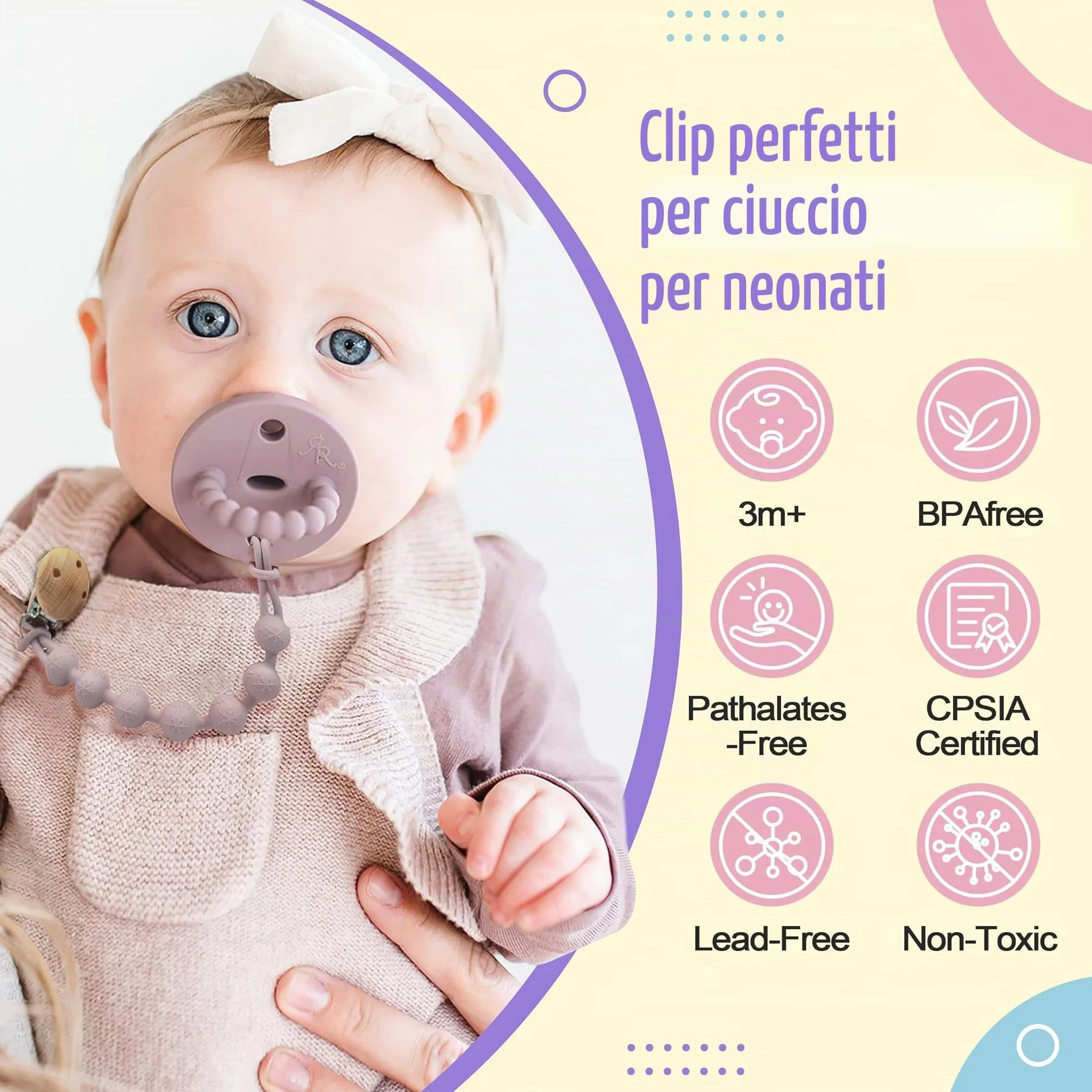 Catenella Portaciuccio - Porta Ciuccio: Set 2 PCS Con Catenella Ciuccio, Portaciuccio Mam Clip per Tenere Pulito Il Ciuccio Del Tuo Bambino