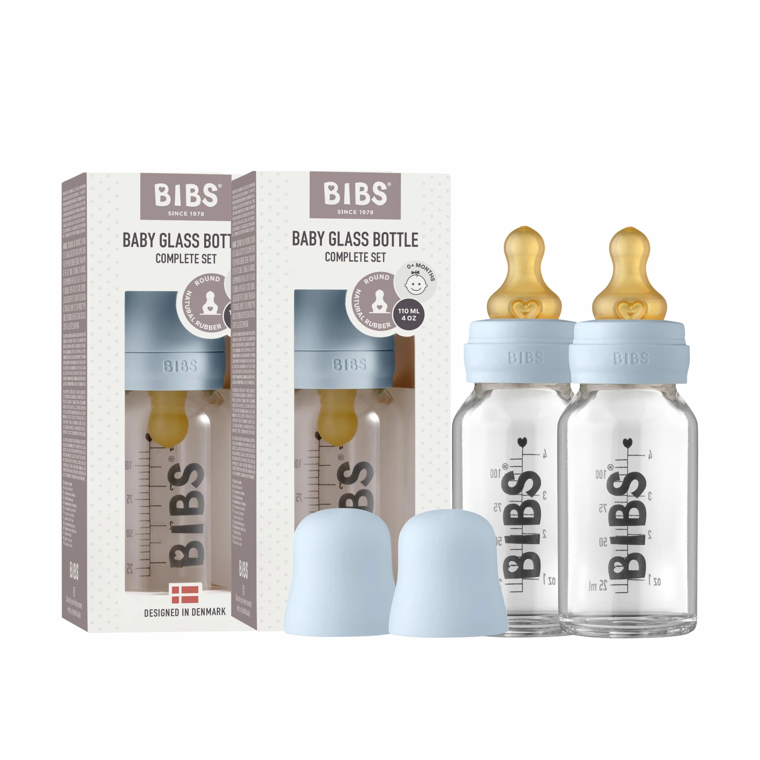 Biberon in vetro BIBS. Set di 2. Anti-coliche. Tettarella rotonda in lattice di gomma naturale. Favorisce l'allattamento naturale al seno, Complete Set - 110 ml (Pack of 2), Baby Blue