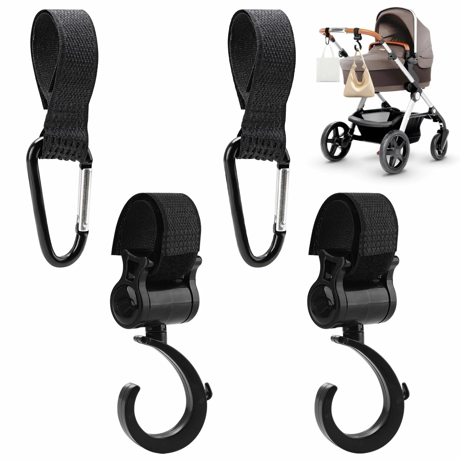 4 Pezzi Ganci Passeggino, Ganci per Passeggino Universale Leggero Rotanti Appendi, Multiuso Gancio Clip con Chiusura Regolabile, Ganci Appendere per La Spesa Borse Pannolini Borsette (Nero)
