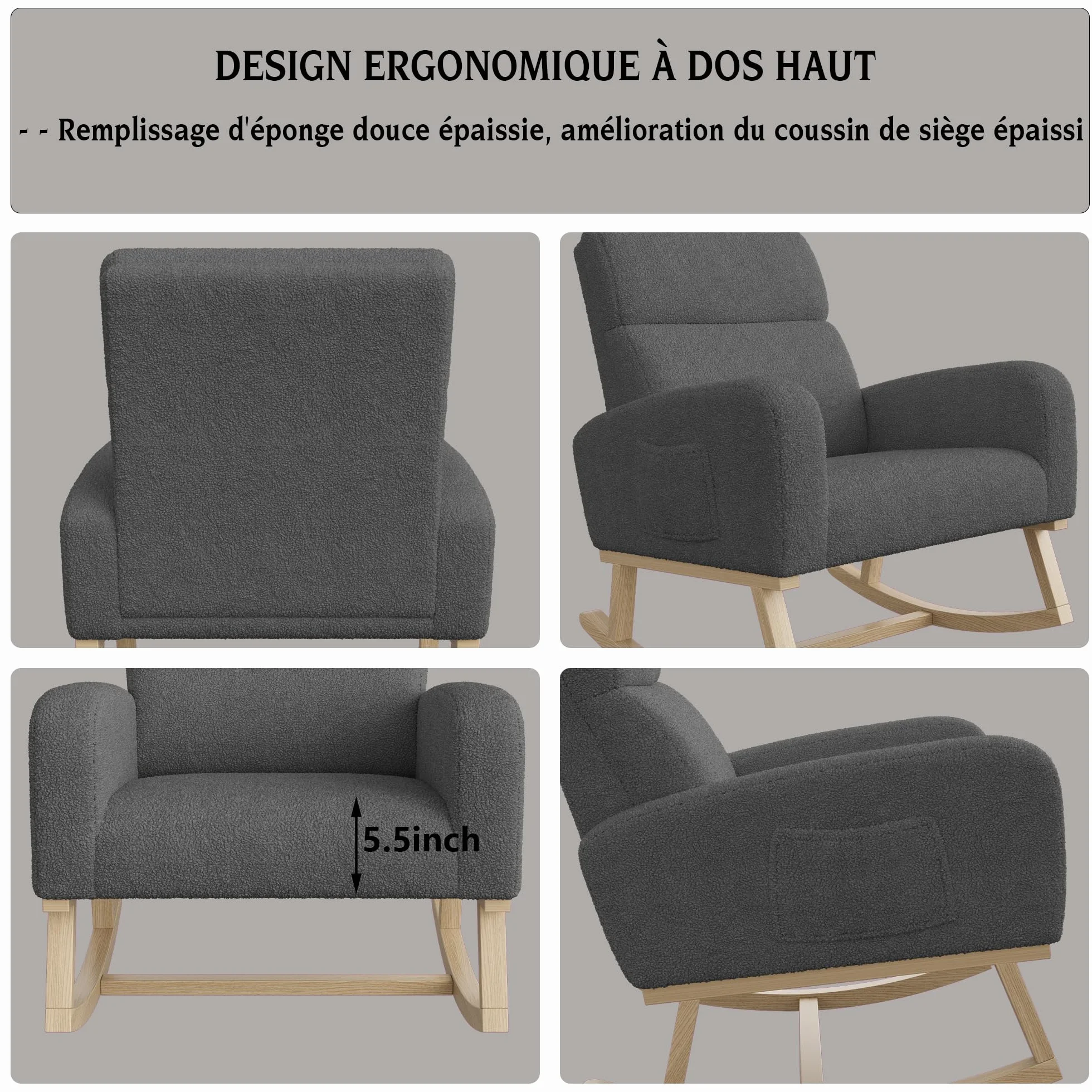 Sedia a Dondolo, Sedia a Dondolo da Interno, Poltrona a Dondolo con Due Tasche Laterali, Poltrona a Dondolo Allattamento con Gambe in Legno Massello, Lino, Grigio scuro
