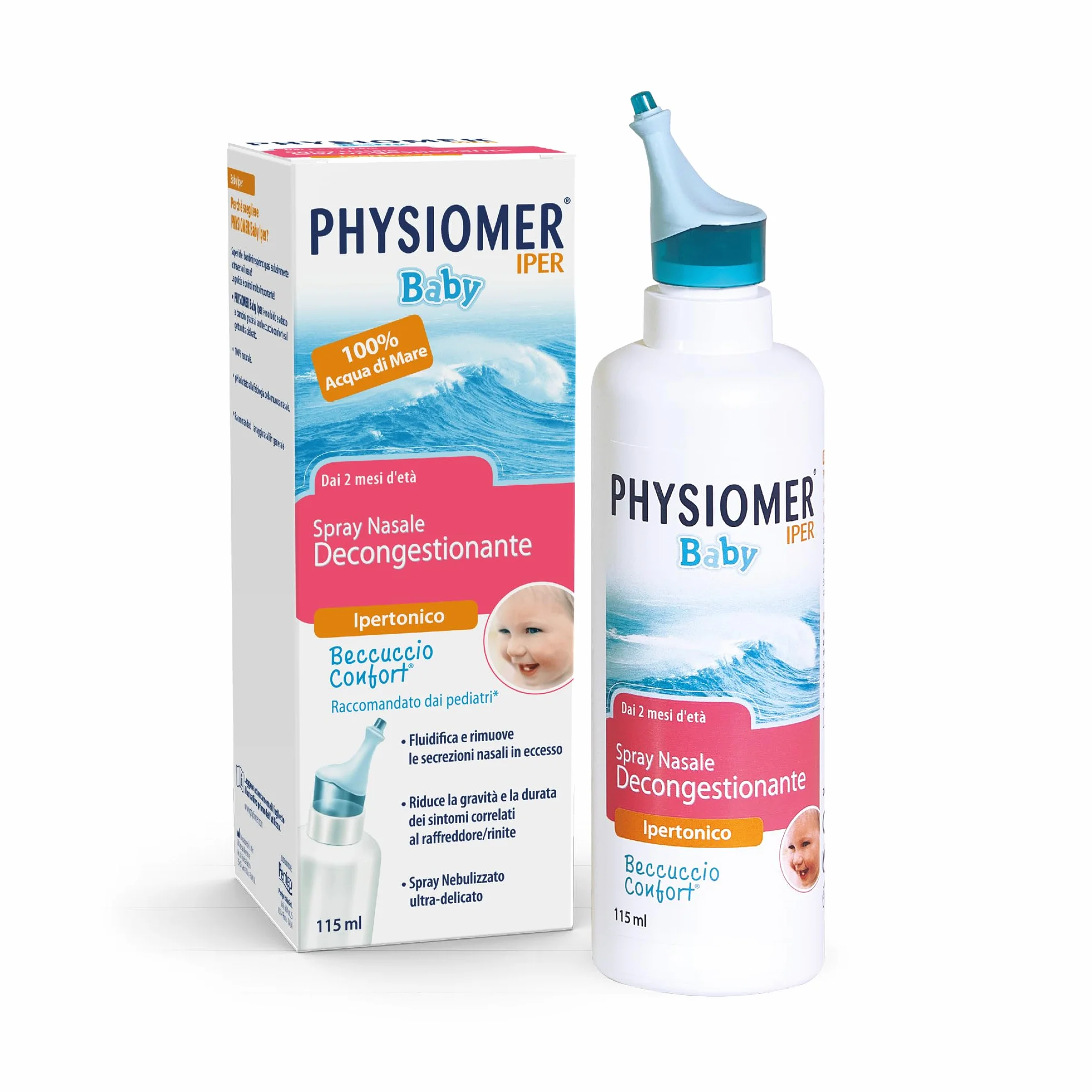 Physiomer® Baby Plus Spray Nasale 115 ml - Congestione Forte - 3in1: Decongestiona │ Allevia │ Ripristina - Acqua di mare pura al 100%│ Elevata concentrazione di Sali │ Dai 2 mesi di età│ Comfort Tip®