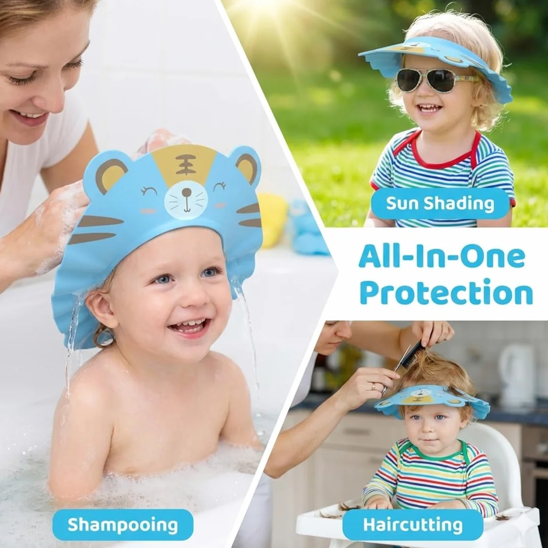 2 Pezzi Cappello Doccia Bambini, Visiera Doccia Bambini, cuffia per shampoo regolabile per bambini, scudo per il lavaggio dei capelli, Bambini Regolabile Doccia Cap per Protezione (Tigre).