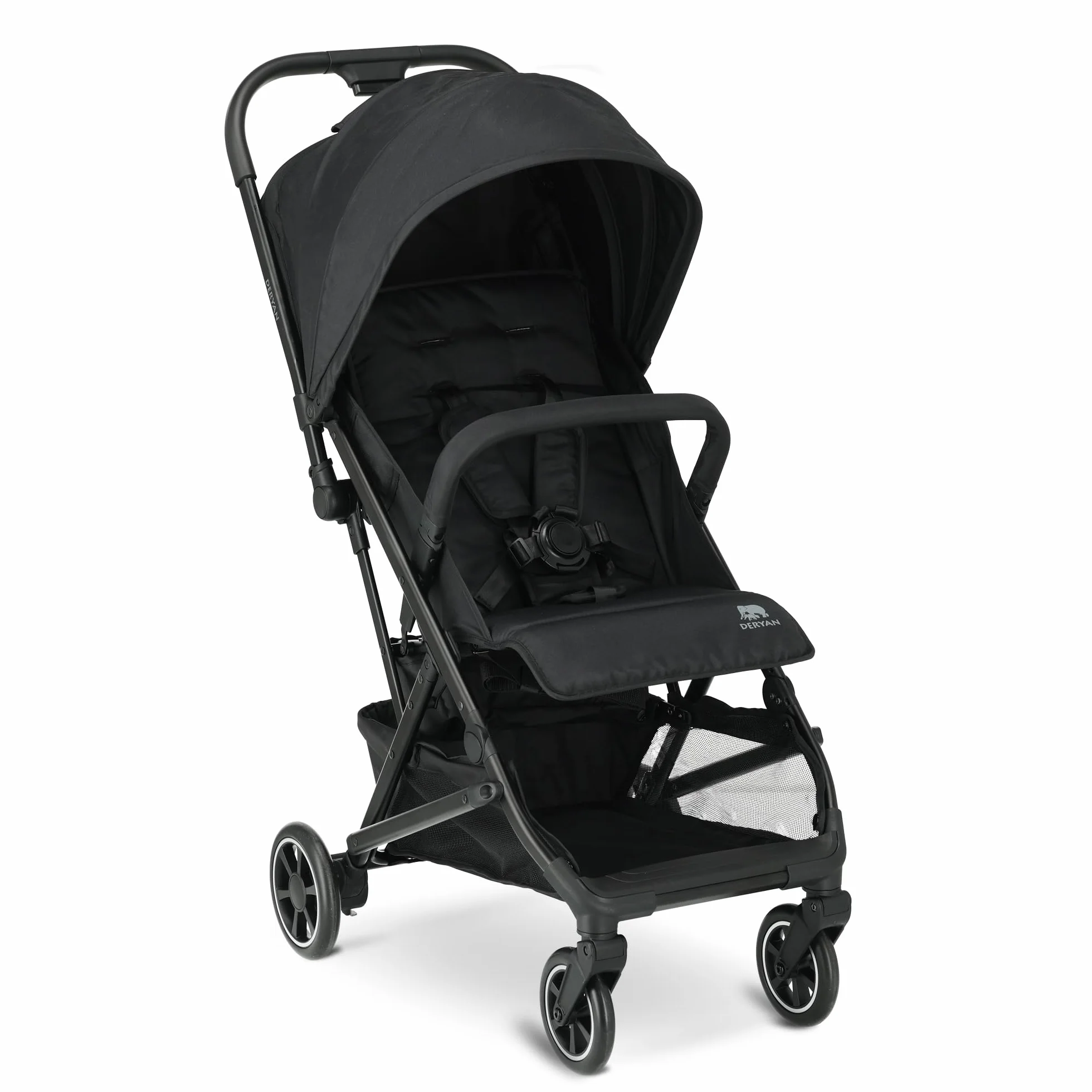 Deryan Easy, Passeggino 0+ Mesi-22 Kg, Passeggino Leggero con Chiusura Smart e Compatta, Capotte Estensibile con Trattamenti UV50+ Antipioggia, Regolabile, Poggiagambe, Nero
