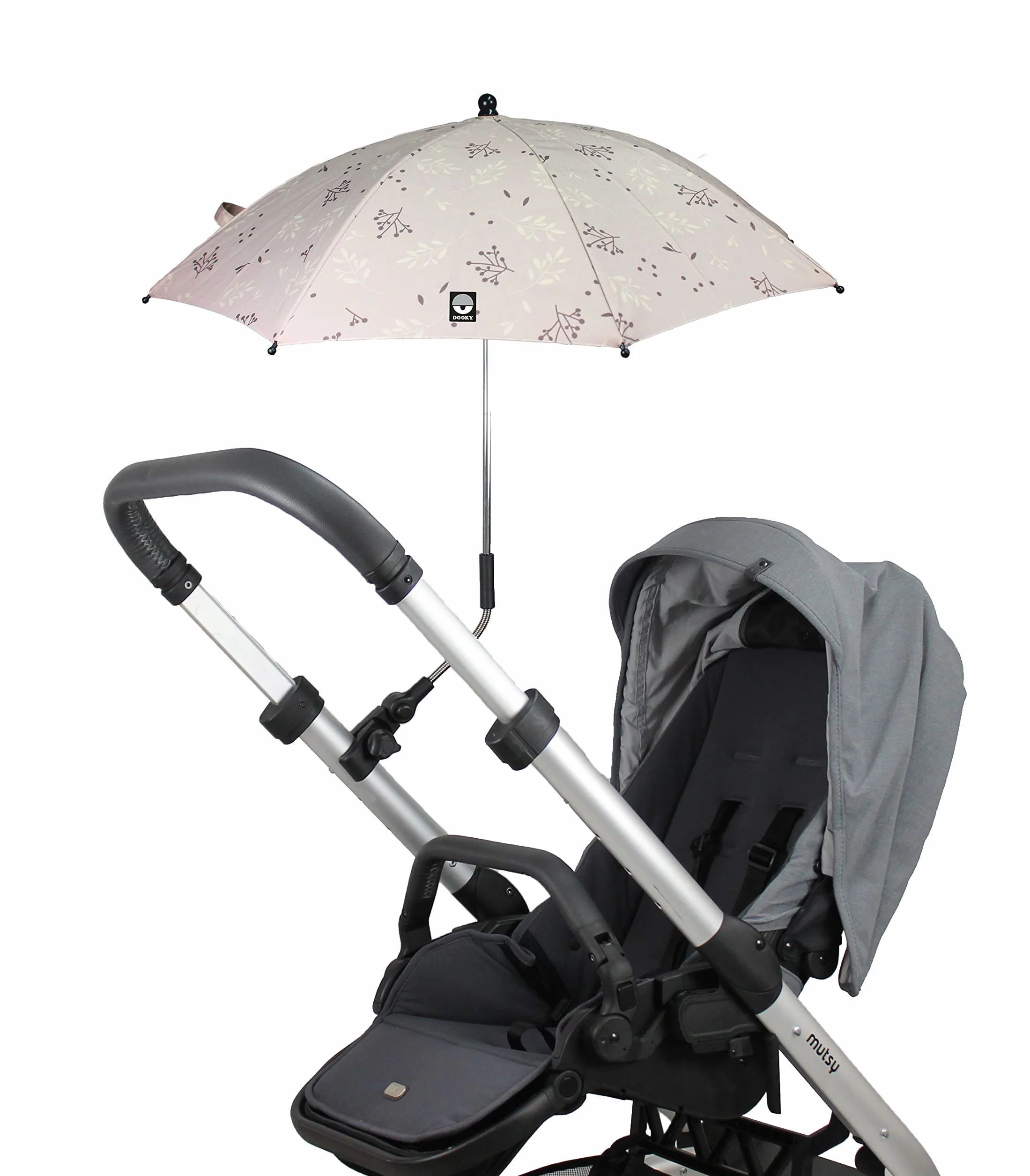 Dooky Ombrellone per carrozzina/passeggino/passeggino, protezione UV UPF 50+, flessibilità 180 gradi con tecnologia Duo Flex, antivento e impermeabile, 100% poliestere, portata 76 cm, beige foglie