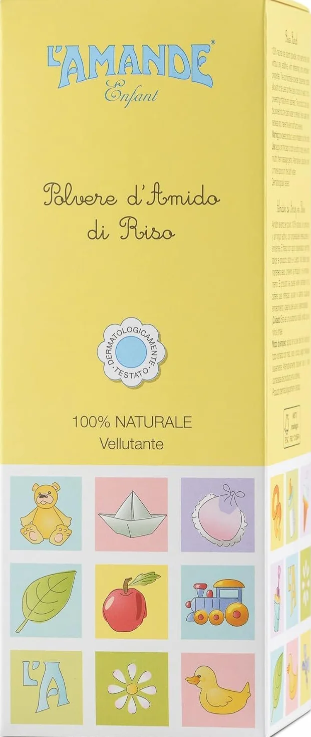L'AMANDE - Amido di Riso Bagnetto Neonato, Talco Profumato in Polvere per Bambini e Neonati, Rinfrescante ed Emolliente Contro Arrossamenti e Irritazioni, Polvere Vellutante Naturale - Enfant, 150 g