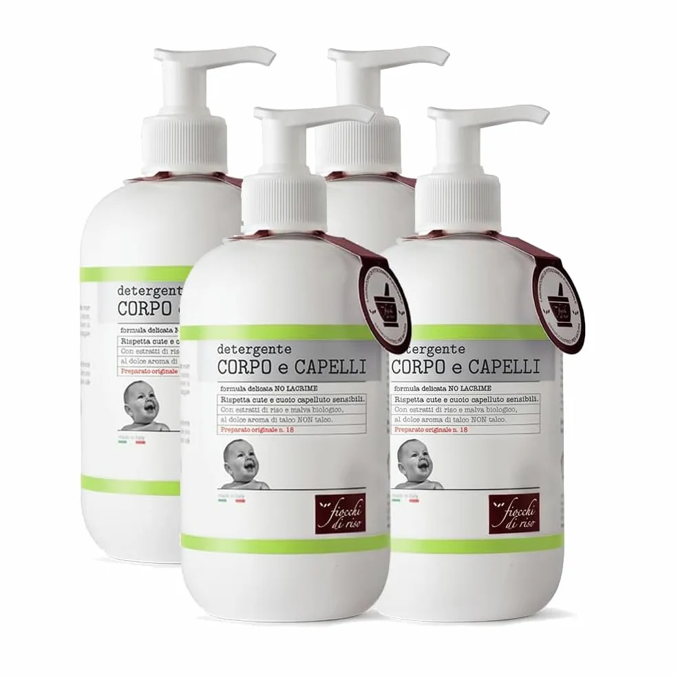 Fiocchi di Riso Detergente Corpo e Capelli Bimbi, Formula No Lacrime con Estratti di Riso e Malva Biologico, 4x400ml