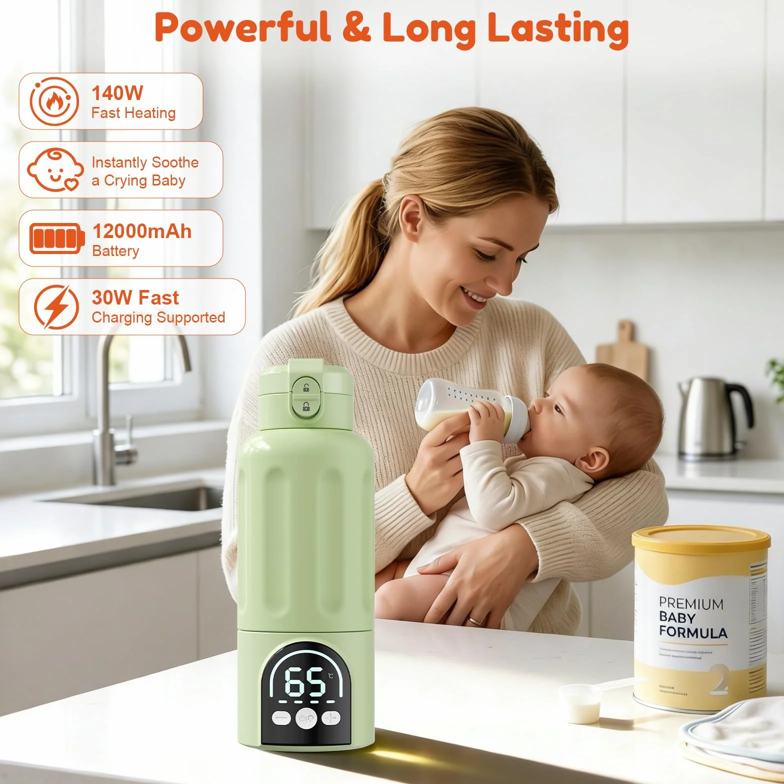 Scaldabiberon, Riscaldamento Rapido e Lunga Durata della Batteria 12000mAh, Controllo della Temperatura, 500ml Scaldabiberon per Tutto il Giorno per Latte Materno, Formula o Acqua (Verde)