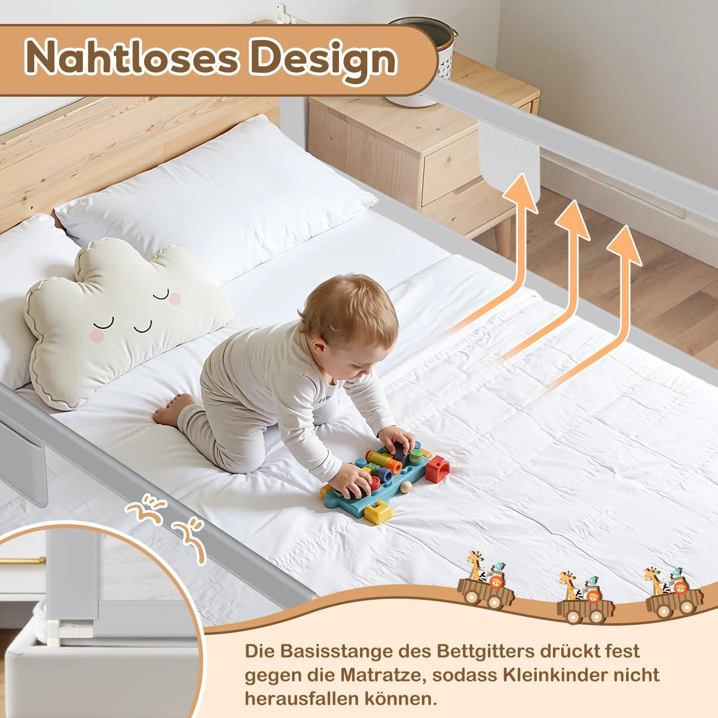 1x180CM+2x200CM Barriera per letto, Barriera pieghevole per letto per bambini, Protezione per letto per bambini per prevenire le cadute, Barriera per bambini piccoli, Facile da montare, Grigio