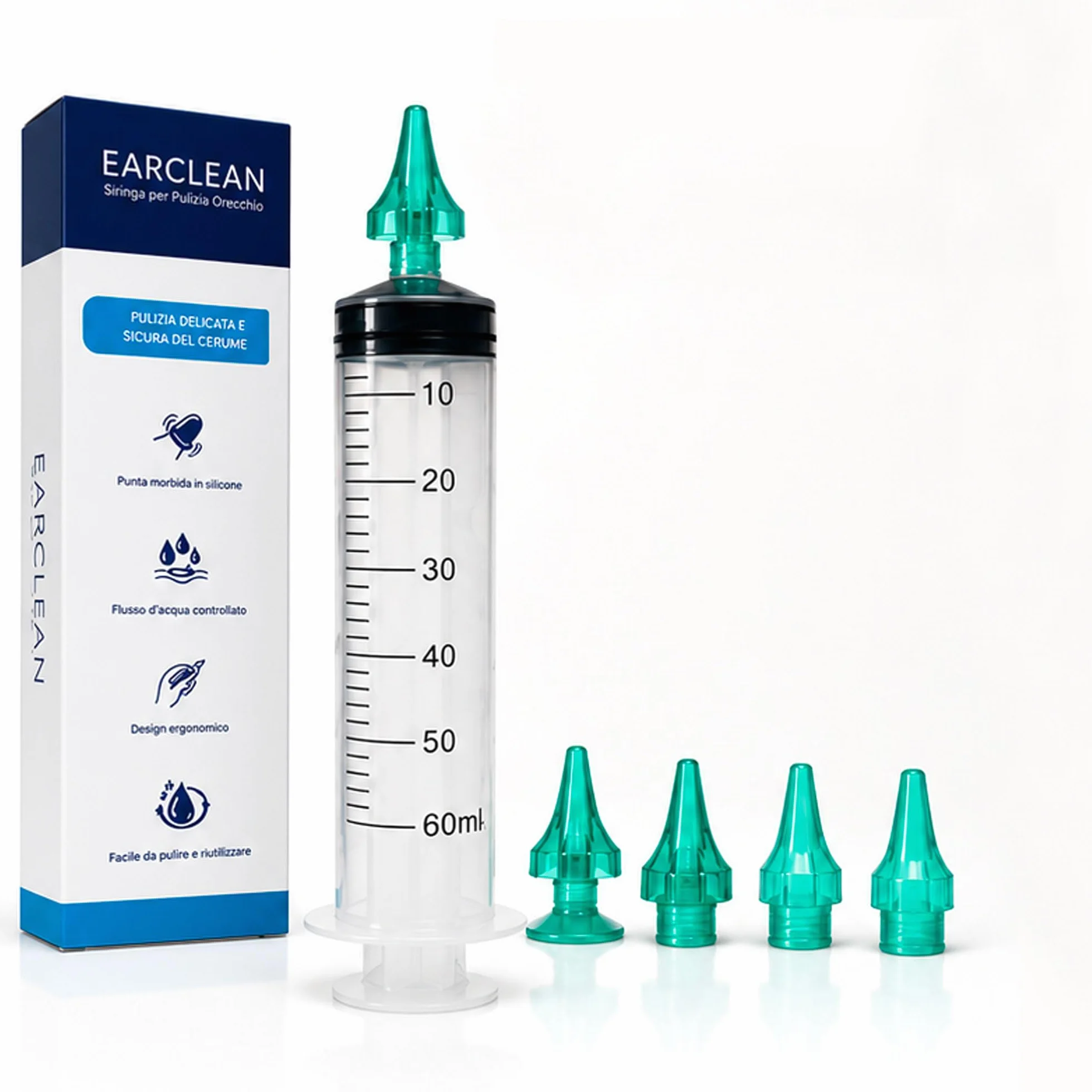 ALL4US® - Kit Pulizia Orecchie con Siringa Auricolare 60 ml, 4 Punte Morbide a Cono, Sistema per Lavaggio Orecchie e Rimozione Cerume, Kit Irrigazione Auricolare per Uso Domestico
