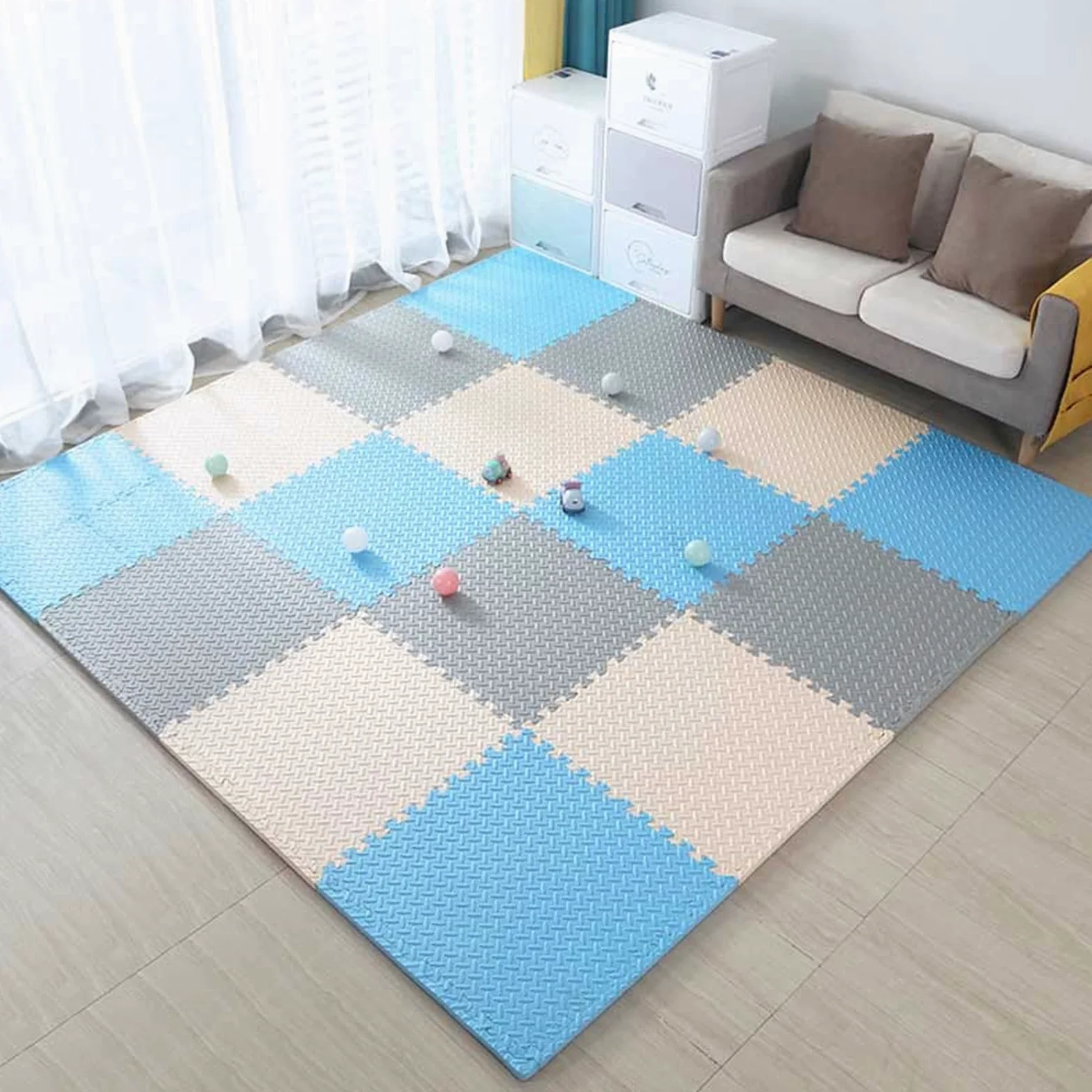 Tappetini da Gioco in Schiuma per Bambini, Tappeto Neonato Gattonamento 60x60x1.2cm,Tappeto Puzzle in Morbida Schiuma Eva per Camera dei Bambini/Soggiorno/Sala Giochi,Beige+Gray+Blue,8pcs