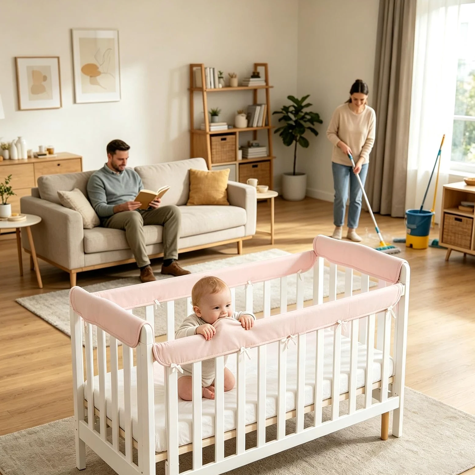 Proteggi Laterale Culla per Lettino Fasce Regolabili 2 Pezzi Cotone Garza | Protezione per Sponde per Neo-Genitori, Cameretta Bambini Stagioni Calde