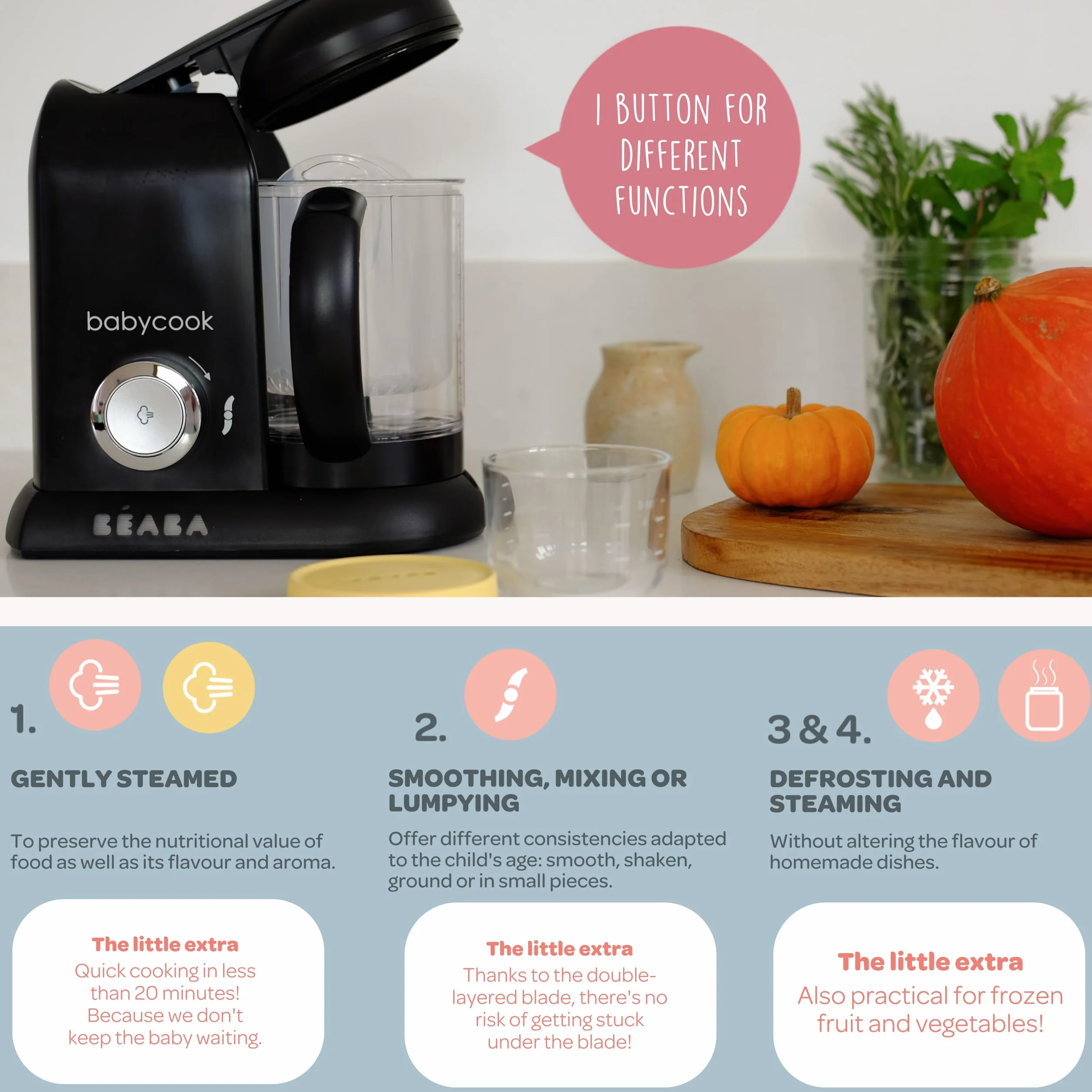 Béaba - Babycook Solo - Macchina per la pappa per bambini - 4 in 1: Processore, frullatore e fornello - Cottura a vapore morbida - Veloce - Diversificazione alimentare per il tuo bambino - Black