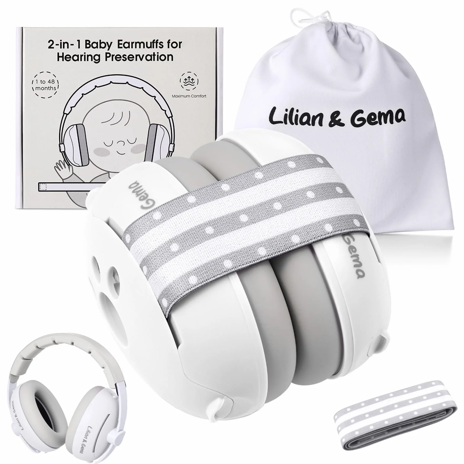 Lilian&Gema 2 in 1 Cuffie Neonato Antirumore -25dB,Protettori acustici per neonati, archetto regolabile, antiscivolo e antistress, protezione acustica ideale per neonati fino a 48 mesi