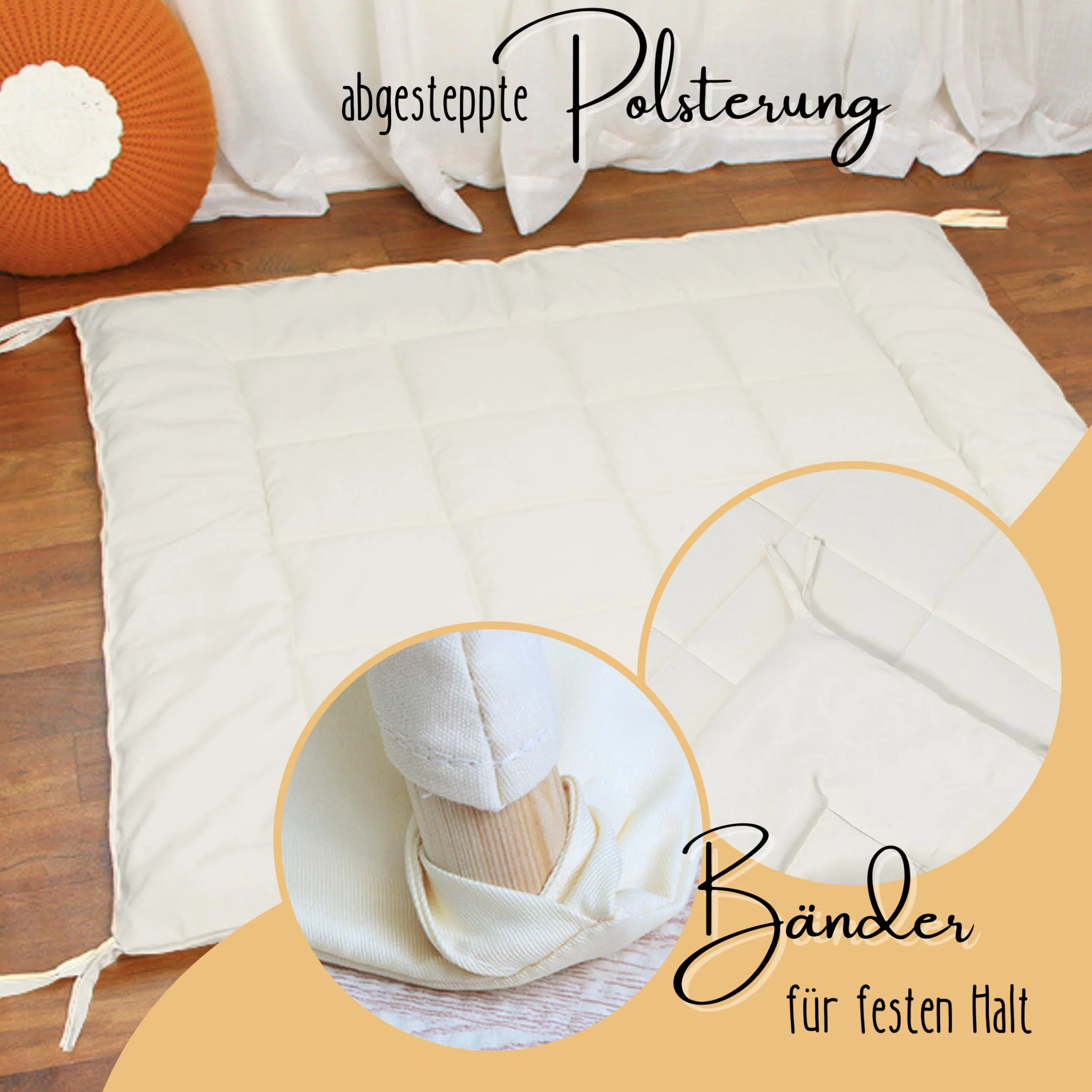 LIONHERZ® Tappetino Tipi con nastri, 120 x 120 cm, coperta imbottita per tenda da gioco/casetta dei giochi, morbida coperta quadrata per bambini, inserto trapuntato/base per legare (bianco brillante)