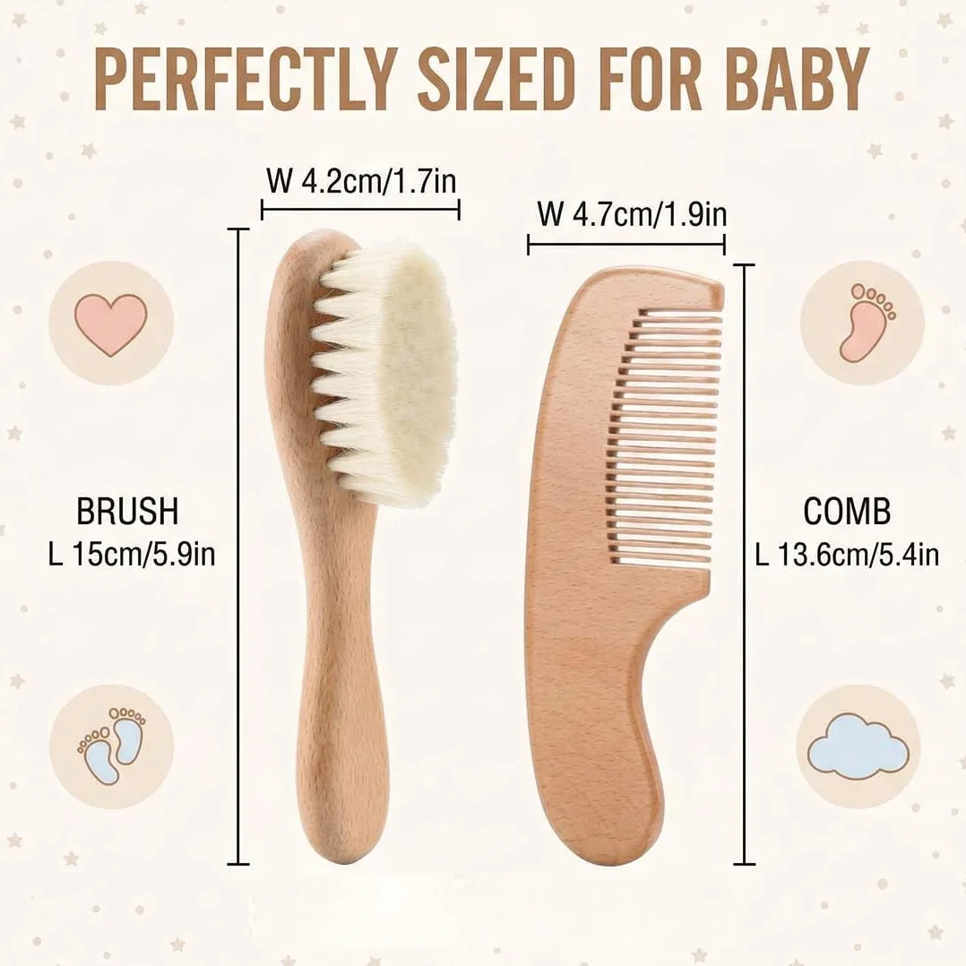 2 Pezzi Spazzole Neonato per Capelli e Serie di Pettini per Neonati - Spazzole in Legno Naturale con Setole di Capra Morbide - Regalo Perfetto per la Doccia per il Bambino