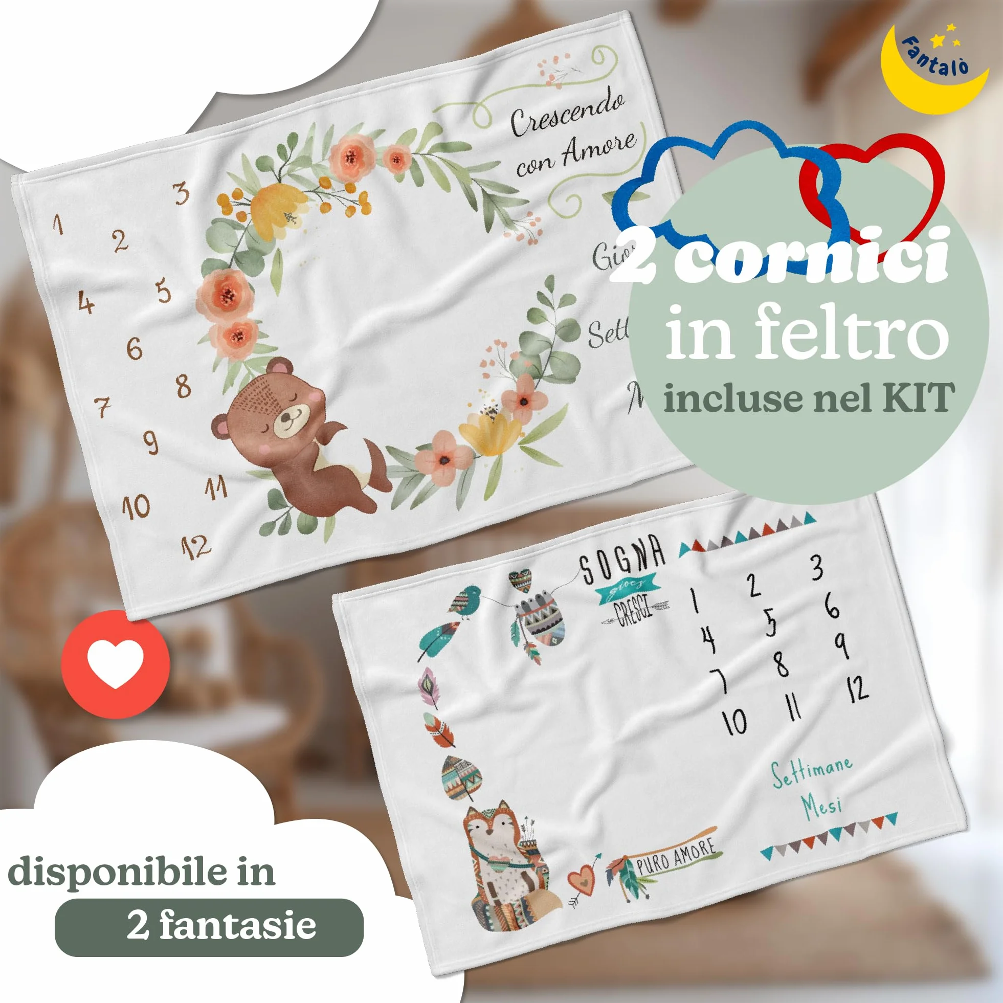 Coperta Mesi Neonato per Foto in Italiano Unisex - Tappeto Complimese Neonata Crearicordi - Idea Regalo Nascita Bimbo Indispensabile per Neogenitori (Orsacchiotto)