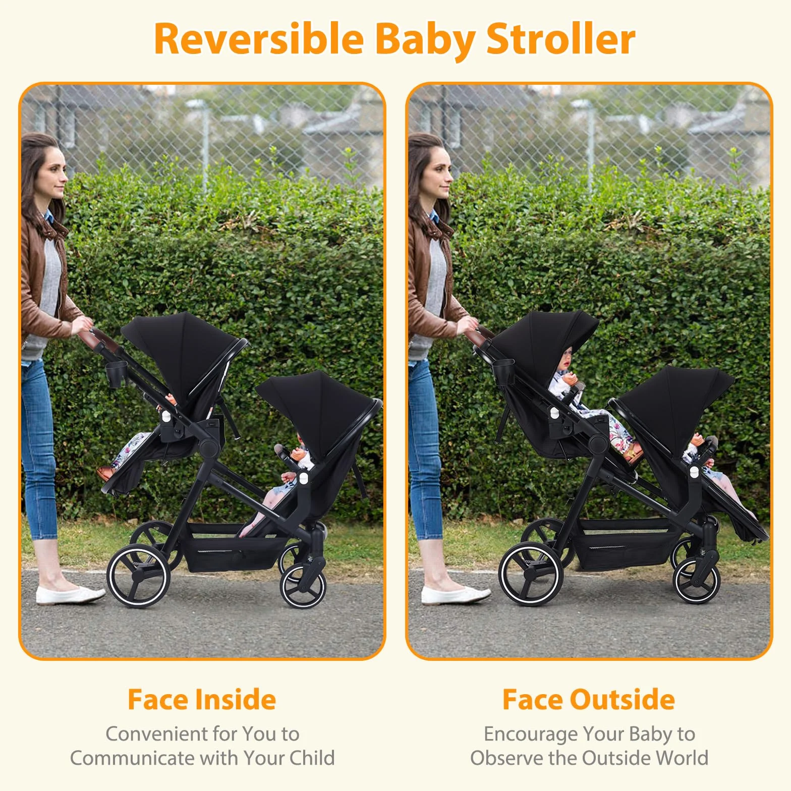 Passeggino Gemellare Doppio Leggero Pieghevole da Viaggio, Passeggino con Sedili Reversibili, Navicella per Bambini, Dalla Nascita ai 36 Mesi