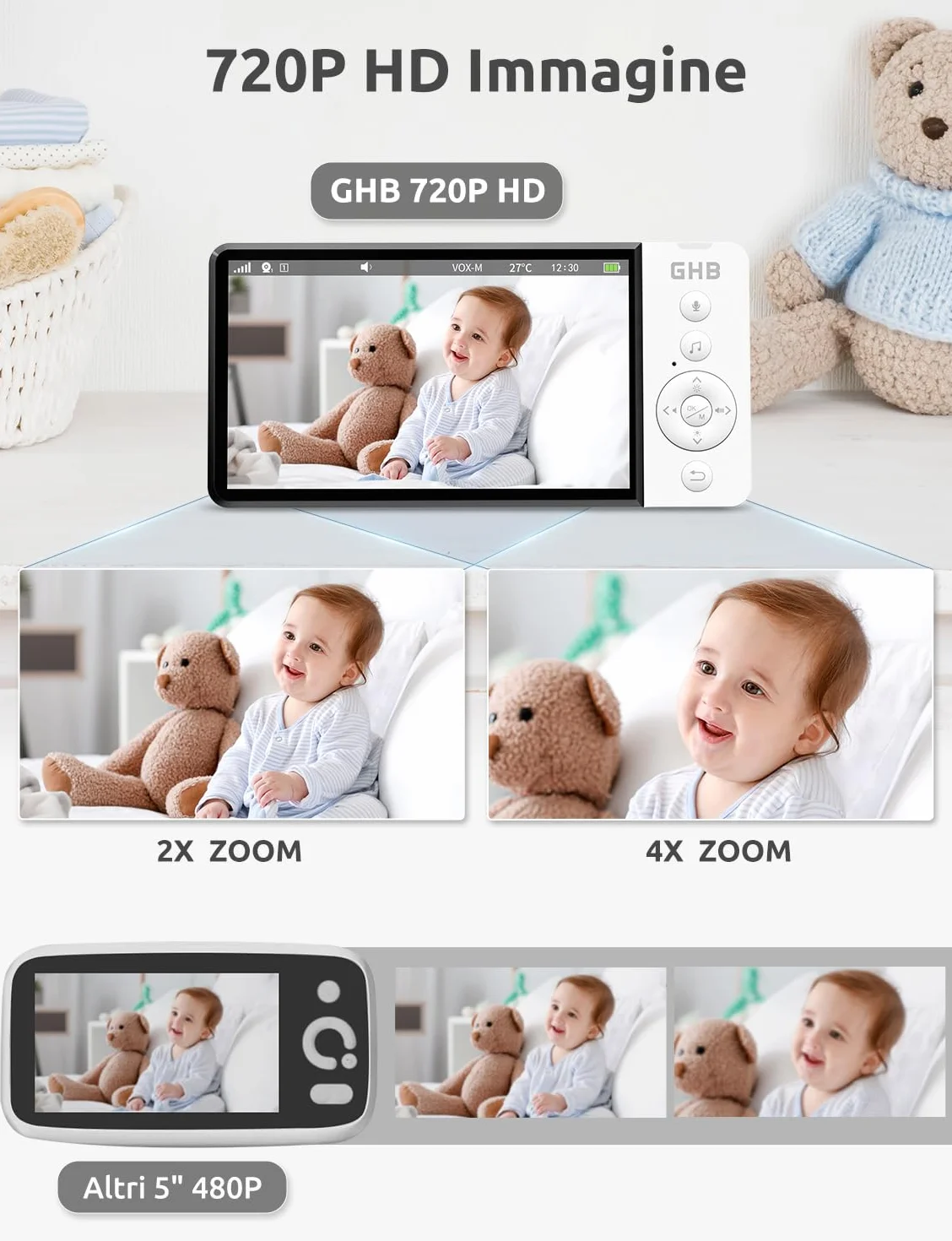 GHB Baby Monitor Video e Audio 5" Telecamera Neonato con Monitor IPS 5000mAh VOX, Visione Notturna, Rilevamento della Temperatura, Ninnananna
