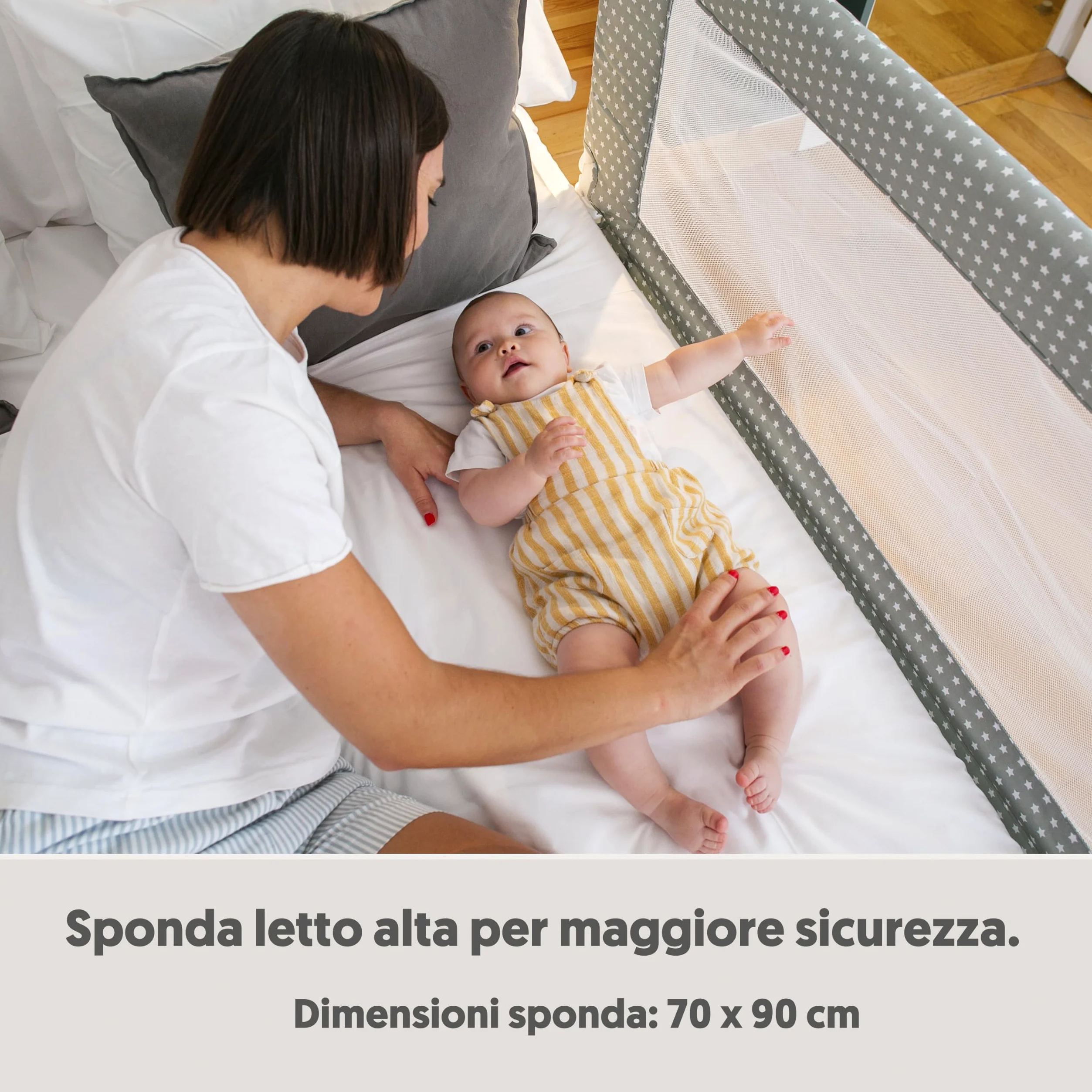 Interbaby Sponda Letto Bambini Anticaduta Alta Pieghevole 150cm Gr. Stella | Barriera con rete traspirante, si fissa sotto il materasso. Sfoderabile e lavabile. Matrimoniale e singolo, 18 mesi-5 anni
