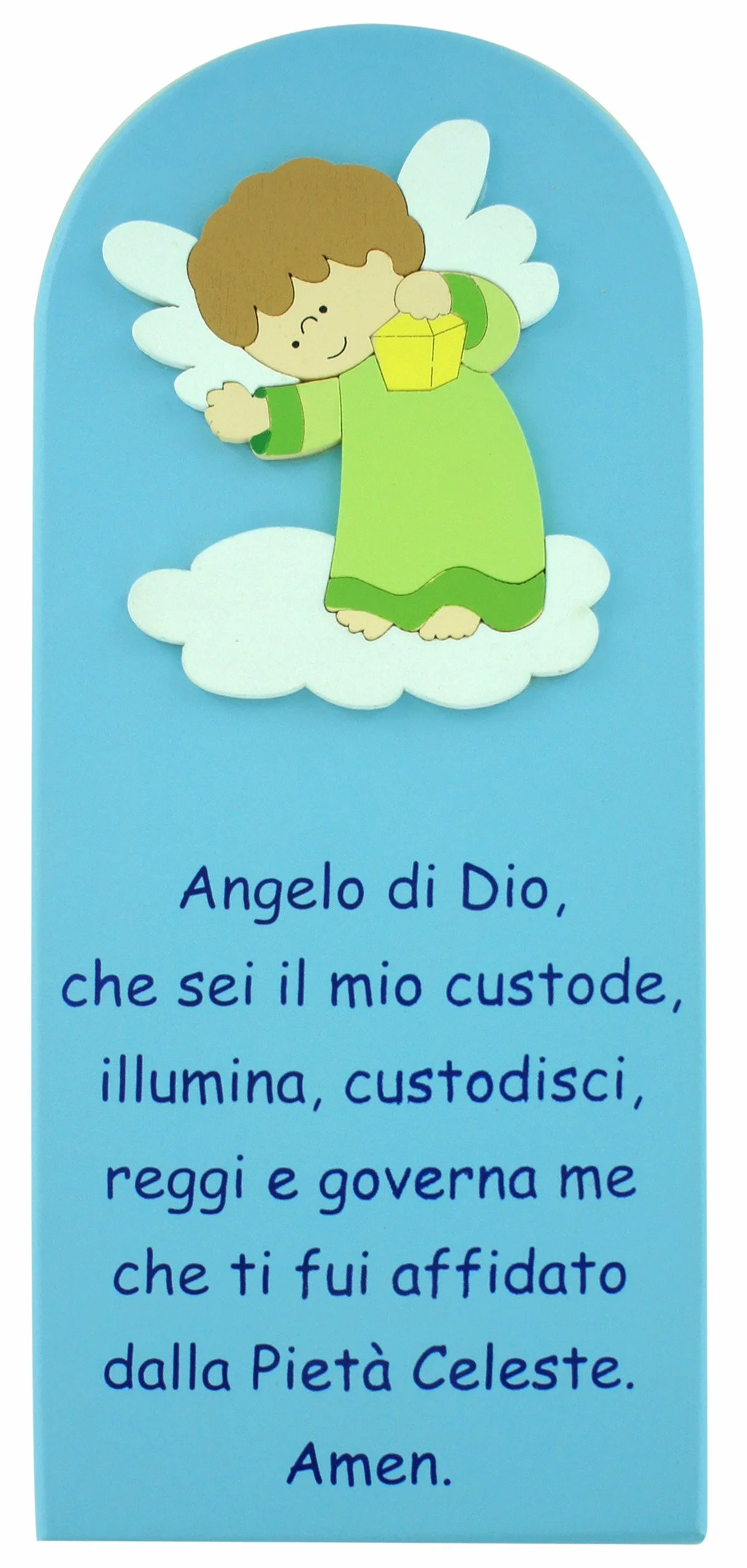 Ferrari & Arrighetti Quadretto per Bimbi, Quadro Preghiera Angelo di Dio in Legno Azzurro con Angelo Verde da Appendere al Muro/Parete, Idea Regalo per Bambini e Ragazzi del Catechismo, 28 x 12 Cm