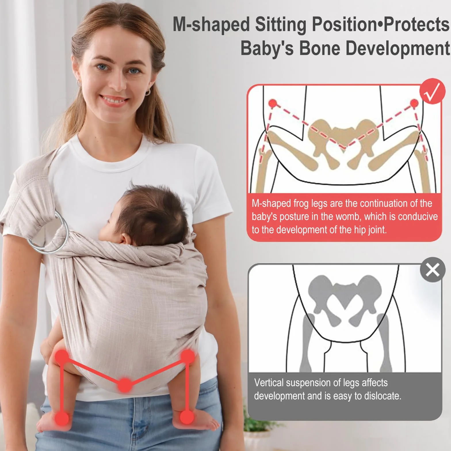 Fascia portabebè per neonati e bambini, regolabile, traspirante, in mussola con doppio anello, ideale come regalo per i neo genitori (grigio)
