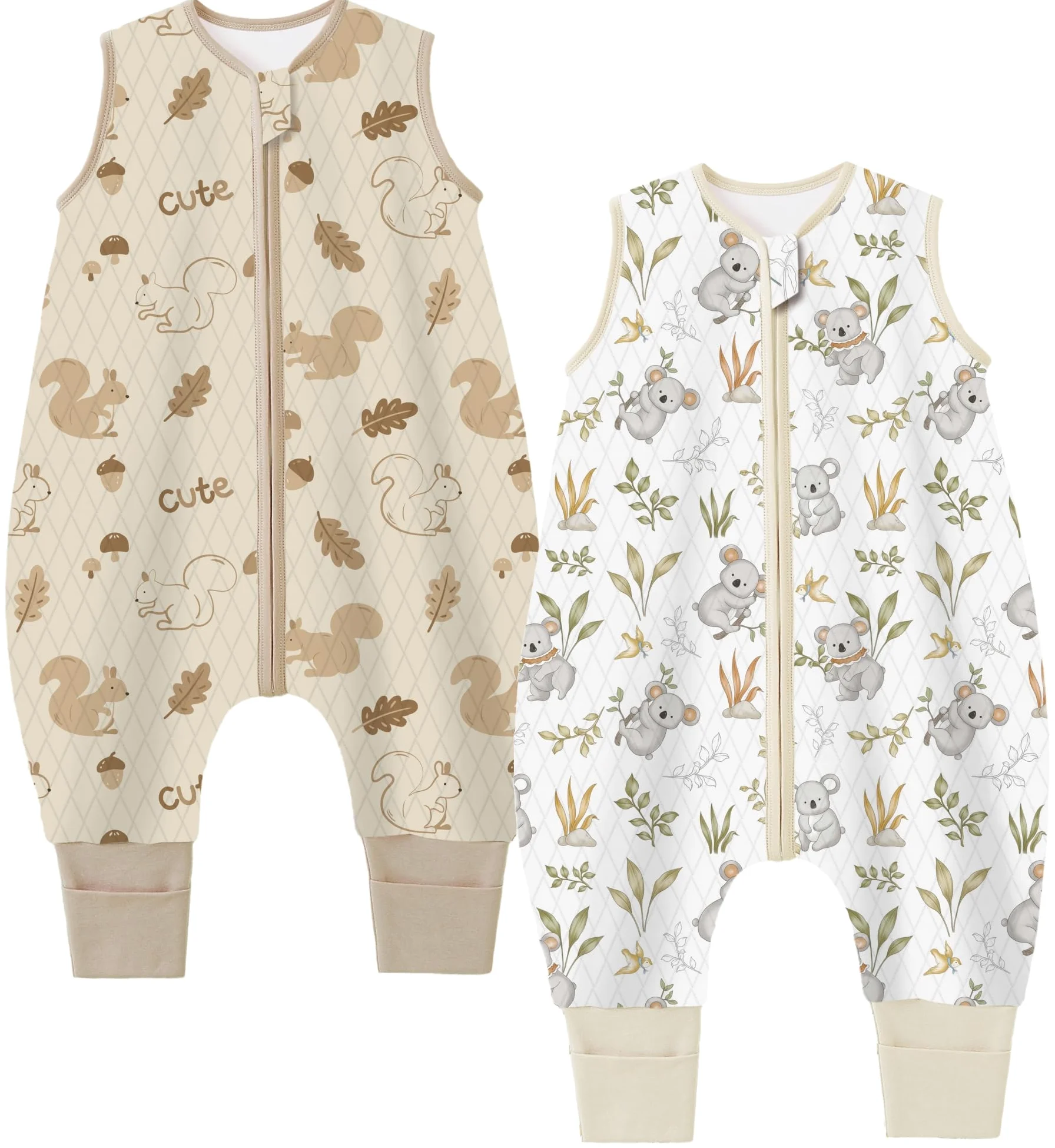 Chilsuessy Sacco nanna per tutto l'anno, con piedi, 1,5 Tog, confezione da 2 pezzi, sacco nanna con gambe in cotone, 1,5 Tog, scoiattolo + koala, 90 cm, altezza del bambino 100-110 cm