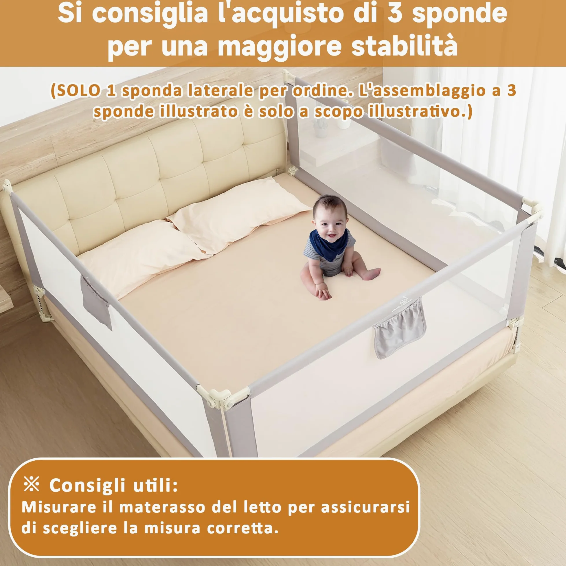 Sponda Letto Bambini 180 cm, Universale Barriera Protettiva Bambini Barriera Letto - Installazione Rapida in 3-5 Minuti, Grigio