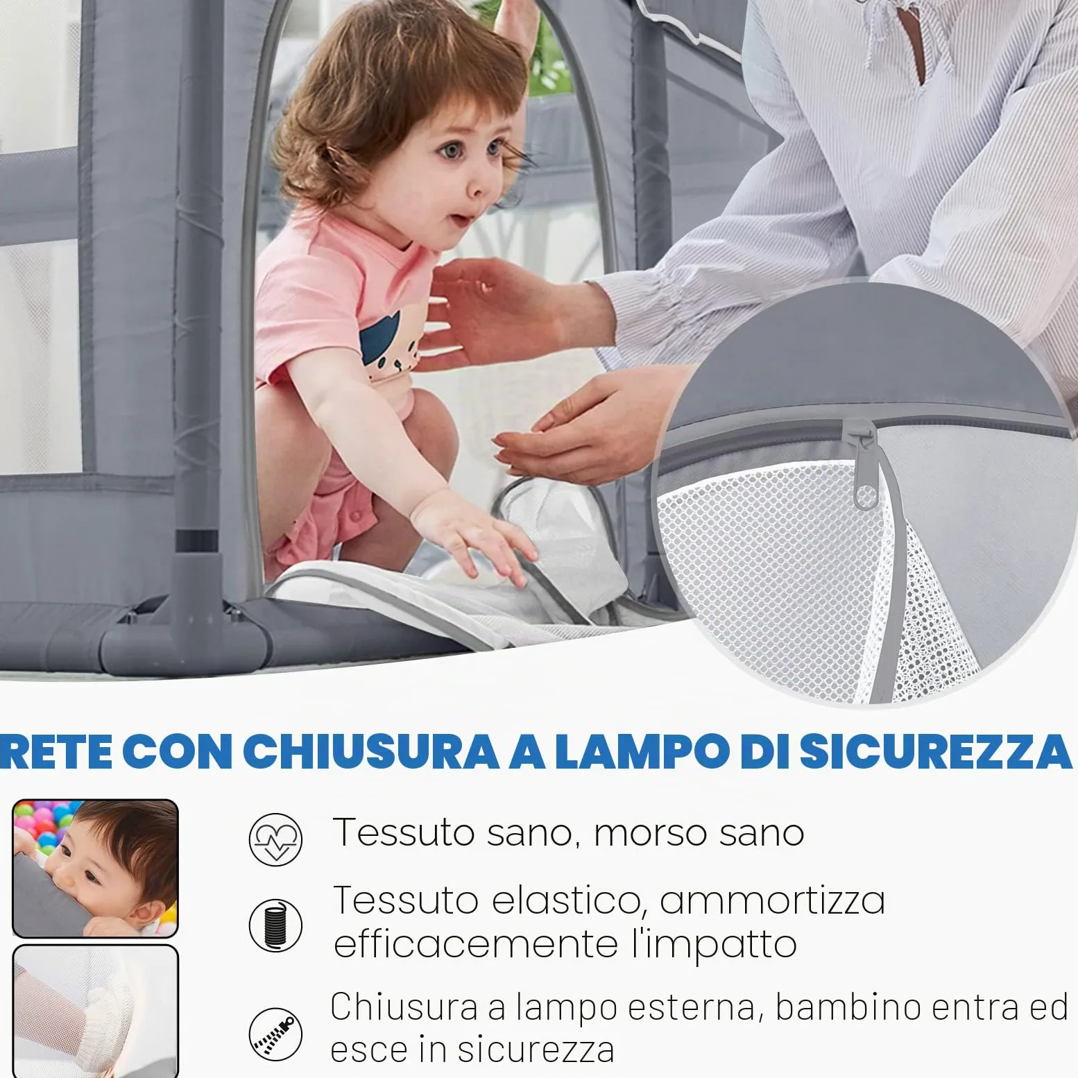 ACXIN Box per bambini, 150 x 180 x 68 cm, con base antiscivolo e rete traspirante, stabile griglia di intercettazione per bambini, grigio