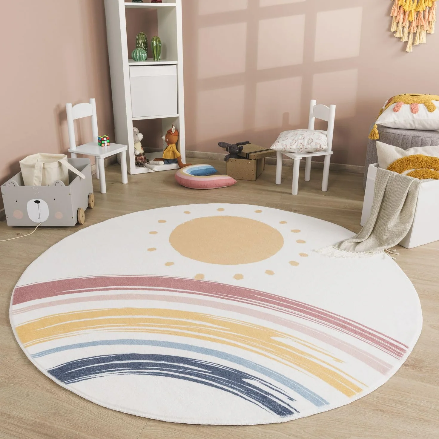 TT Home Tappeto Stanza Bambini Lavabile Arcobaleno Sole Moderno, Colore:Blu Giallo Rosa, Dimensione:100 cm tondo