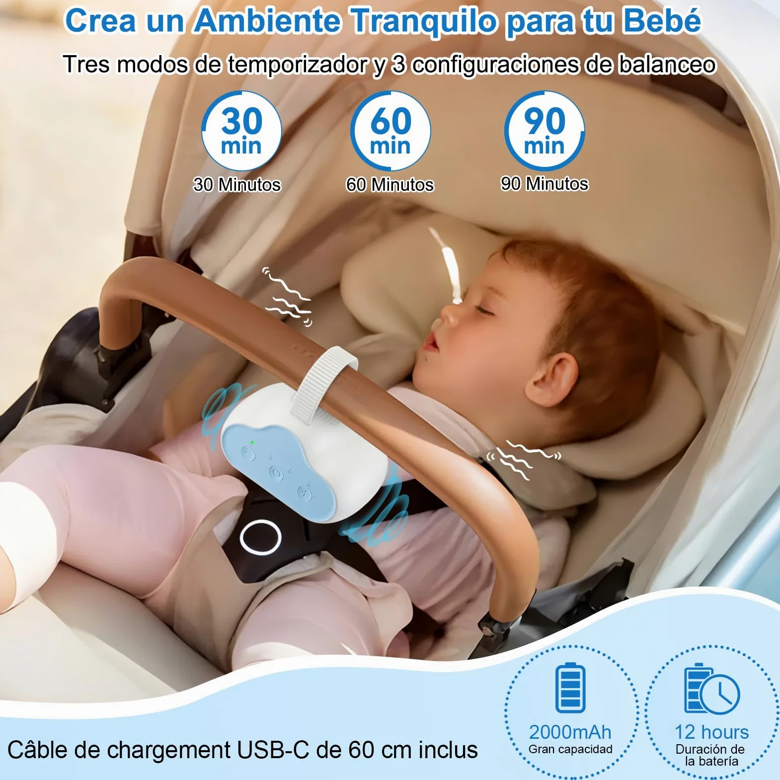 Baby Rocker, Dondola Passeggino Ricaricabile 3 Livelli di Oscillazione, Timer 30/60/90 Minuti, Dondolo Neonato a Mani Libere Compatibile con la Maggior Parte dei Passeggini con Barra Anteriore