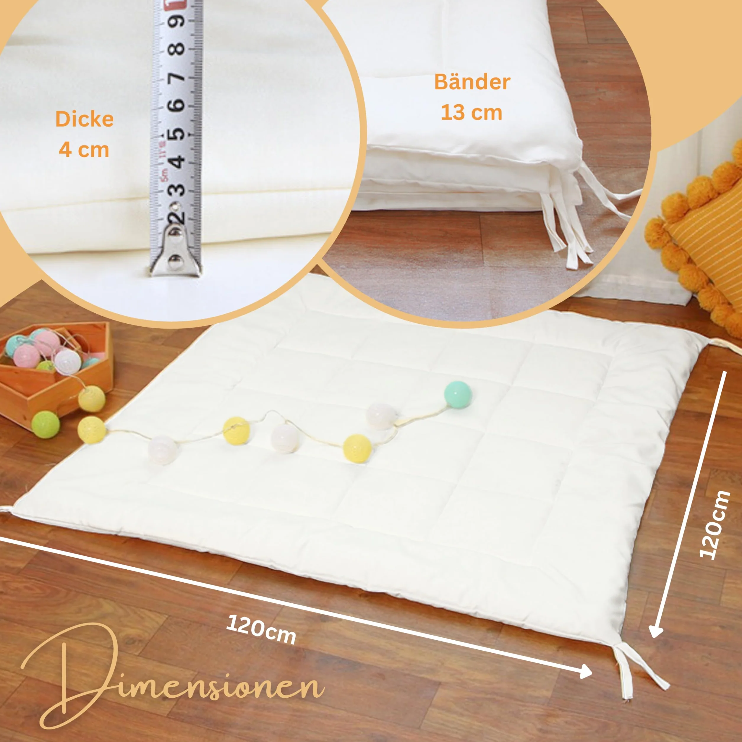 LIONHERZ® Tappetino Tipi con nastri, 120 x 120 cm, coperta imbottita per tenda da gioco/casetta dei giochi, morbida coperta quadrata per bambini, inserto trapuntato/base per legare (bianco brillante)