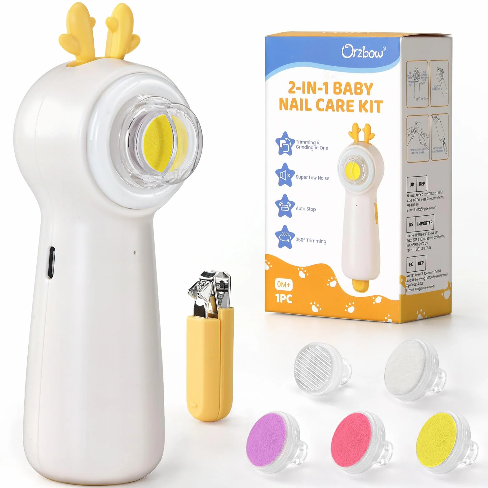 Lima Unghie Neonato Ricaricabile, Lima Elettrica per Unghie Neonato con 5 Teste di Affilatura, 2 in 1 Tagliaunghie Neonato con Tagliaunghie, Adatta a Tutte Le Età, Basso Rumore, Cervo Giallo