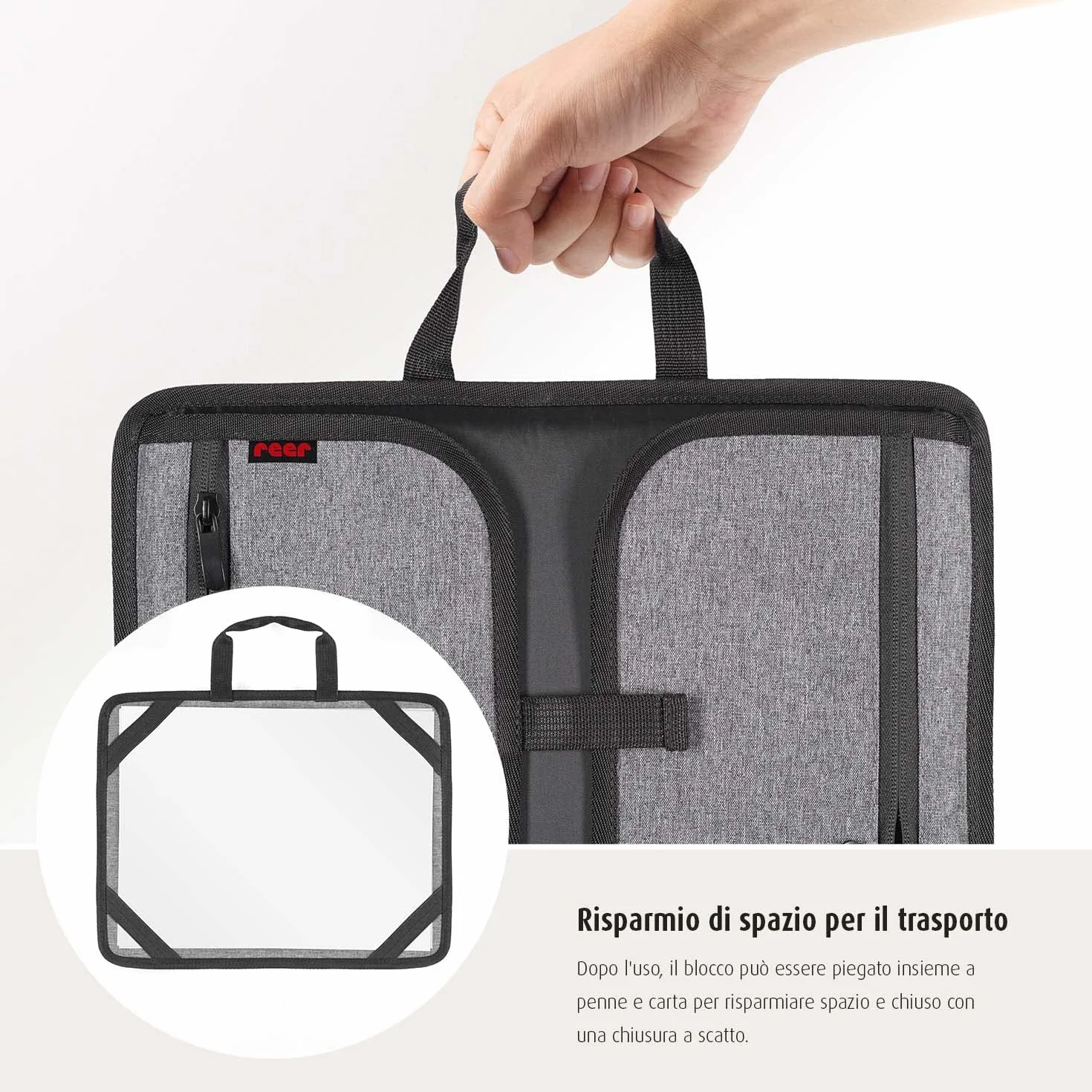 reer TravelKid Play - Kit per colorare per viaggi, leggero e stabile, con tasche pratiche, impermeabile, antimacchia, grigio