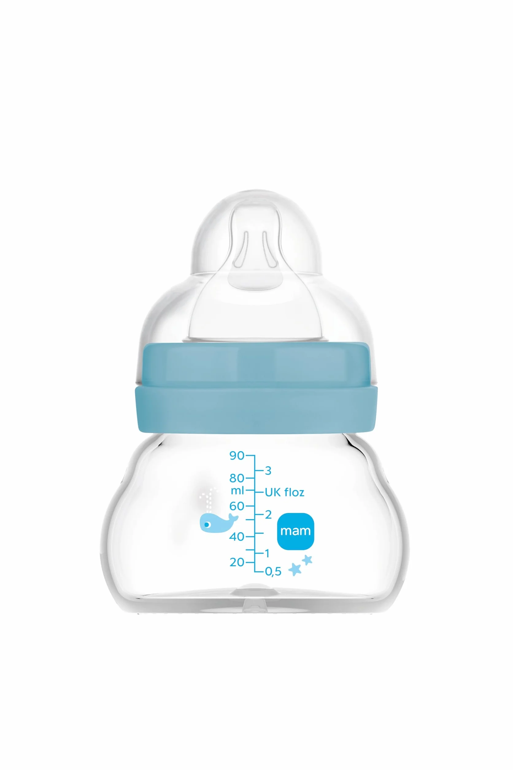 MAM Biberon in vetro, neonato, 0 mesi, 90 ml, con tettarella 0 a flusso extra lento in silicone, facile da pulire, Feel Good, blu, confezione da 1