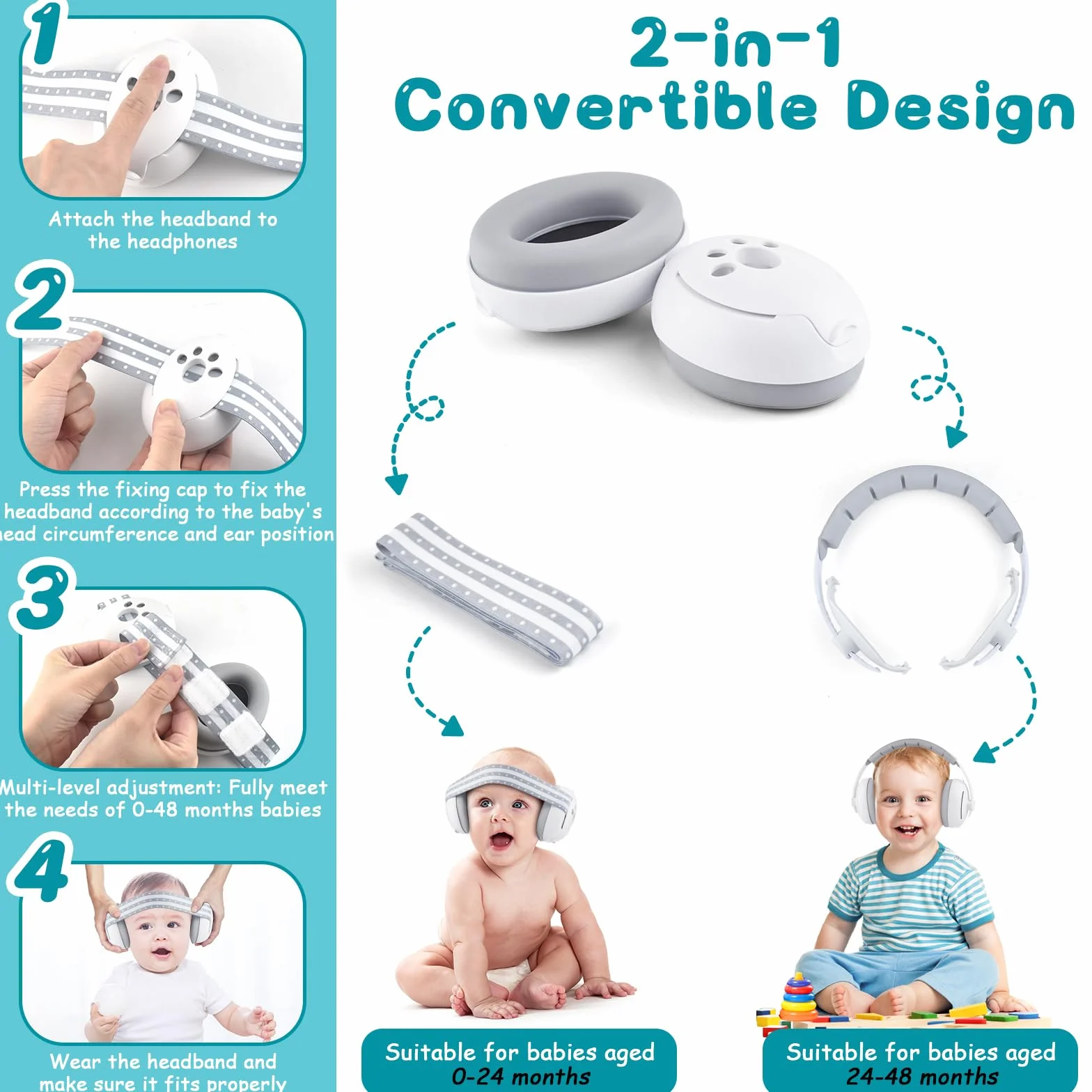 2 in 1 Cuffie Neonato Antirumore Neonati Bambini 0-4 anni Insonorizzate Rumore Aereo Concerto Bambina Protettori Acustici Protezione Udito Acustica Cuffia Morbida Baby Earmuffs + Campanelle da Polso