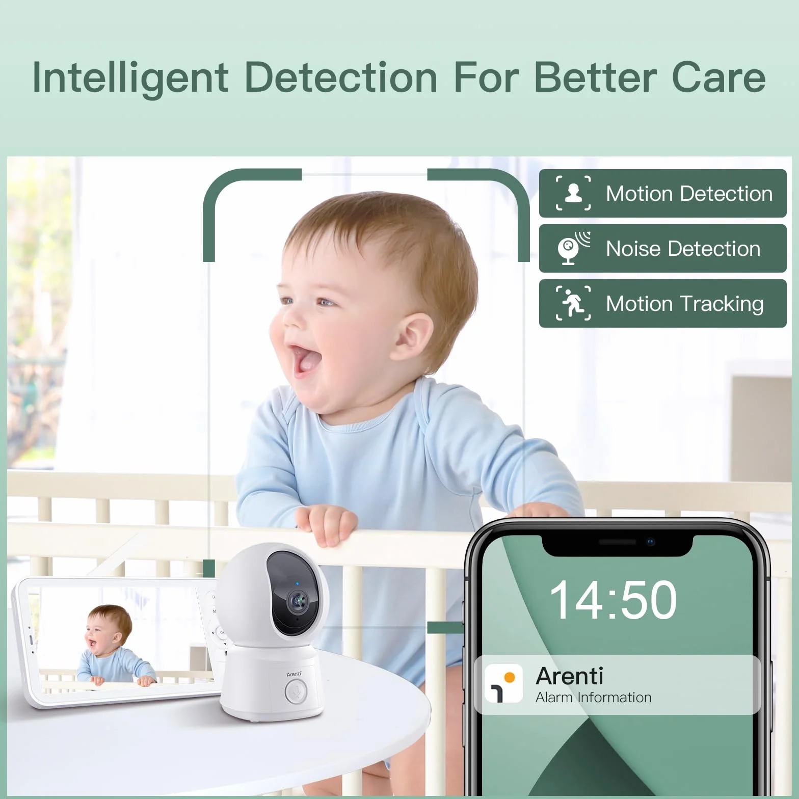 ARENTI Baby Monitor con 2 Telecamere Wifi, Telecamera Bambini con Monitor 5'', Rilevamento Intelligente, Audio Bidirezionale, Promemoria di Allattamento, Sensore di Temperatura
