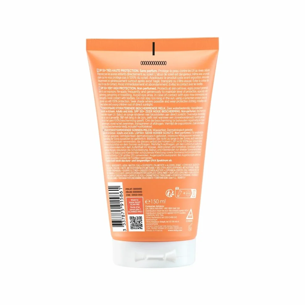Vichy Capital Soleil, Latte Idratante Fresco SPF50+, Per Viso e Corpo, Protezione Molto Alta SPF50+ da Raggi UVA e UVB, Pelle Idratata Senza Aloni Bianchi, Con Acqua Vulcanica di Vichy, 150ml